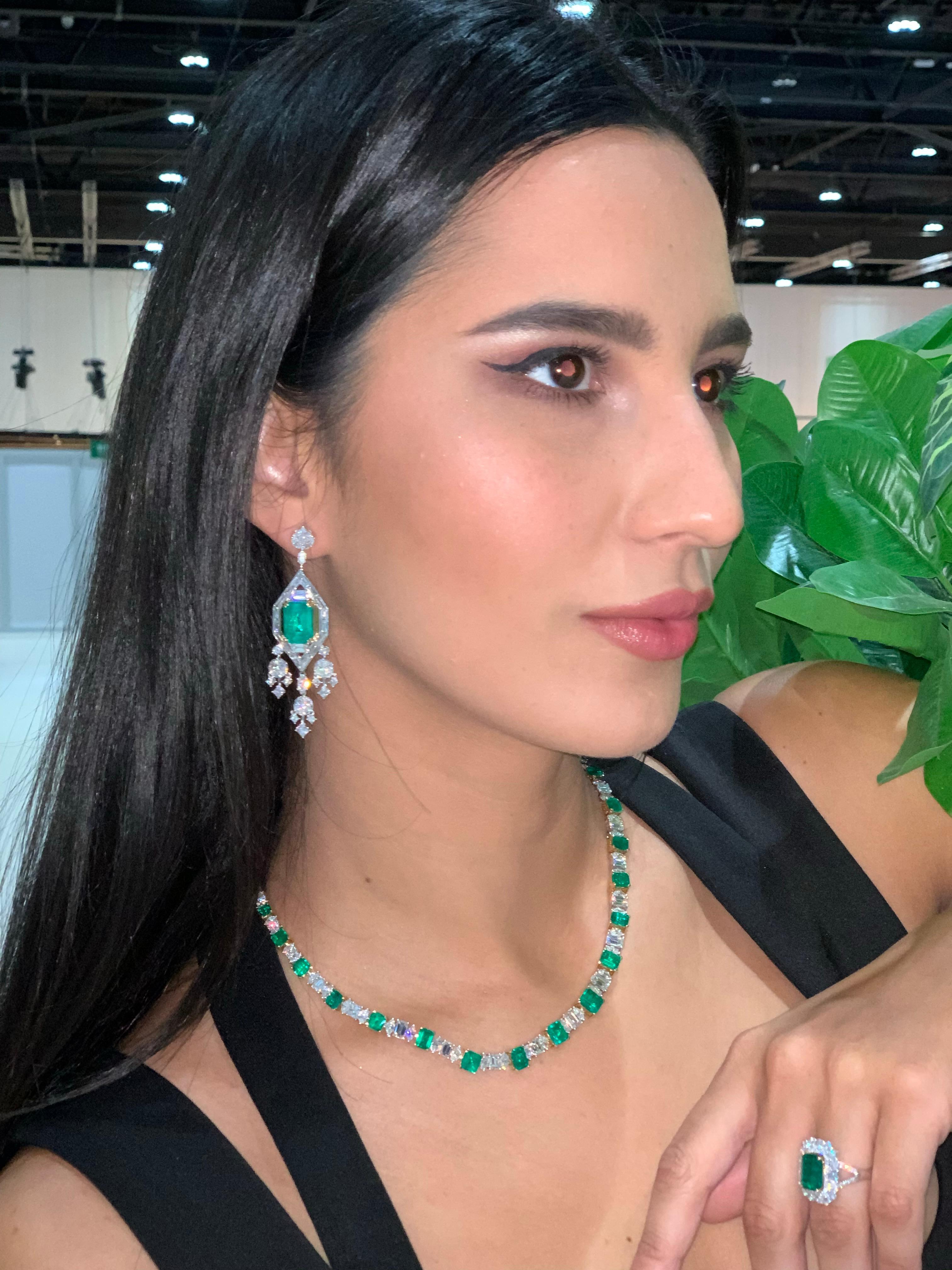 Emerald Cut Art Deco Style, GRS Colombian Emerald Earrings with Diamond in 18 Karat Gold For Sale