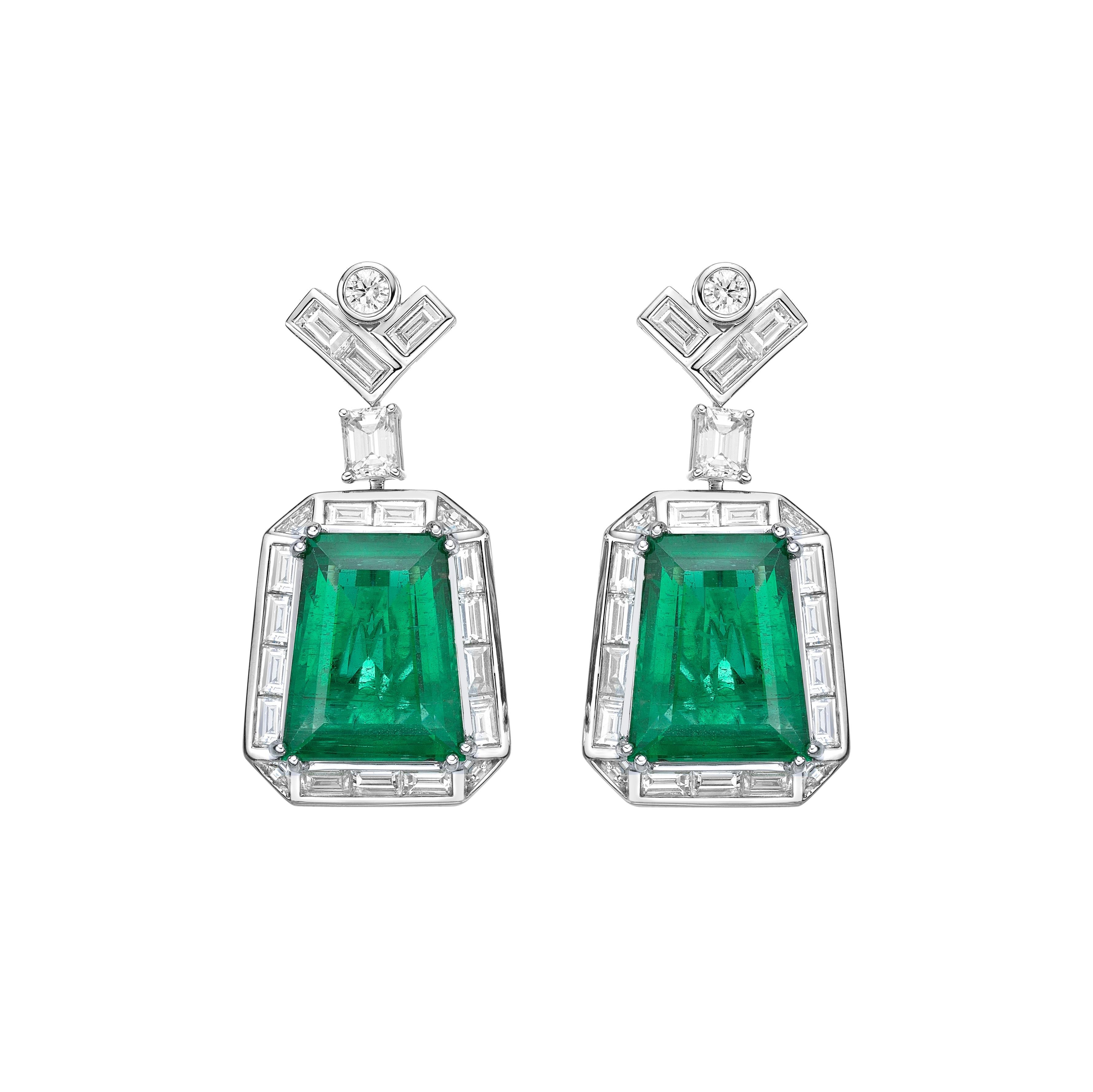 Art Deco Style GRS Certified Zambian Emerald, Diamond and 18 Karat Gold Earrings For Sale 2
