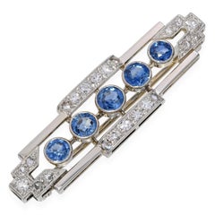 Art Deco Gübelin 18k White Gold Diamond and Sapphire Bar Brooch