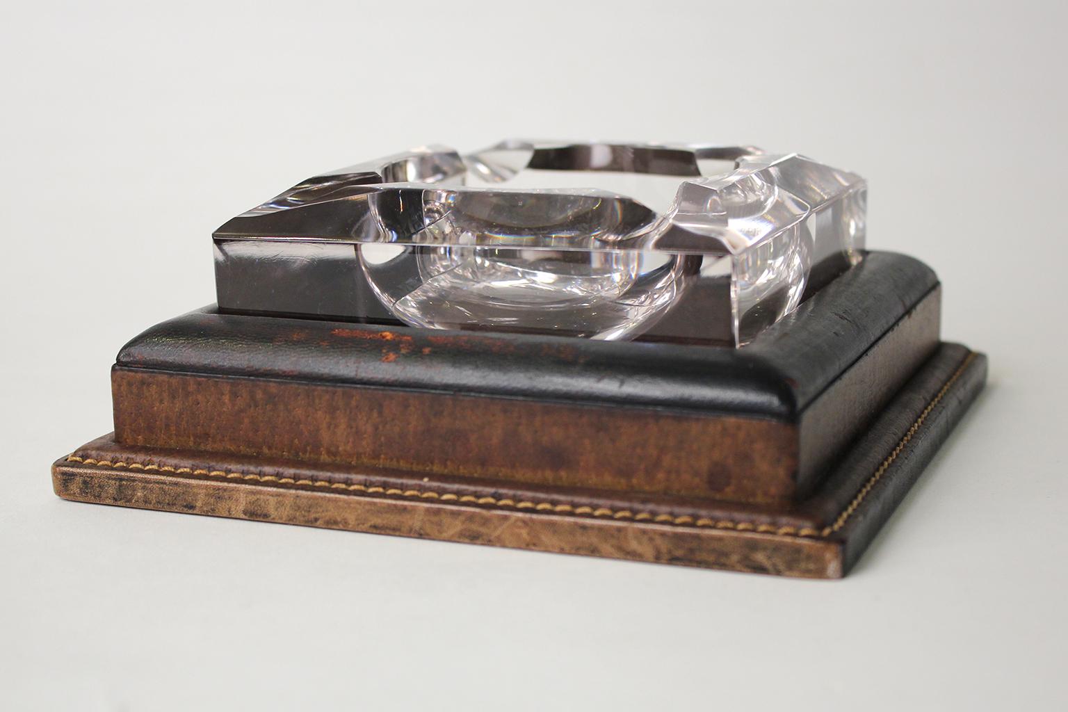 Mid-20th Century Art Deco Gucci Leather and Crystal Cigar Smoking Ashtray Italy