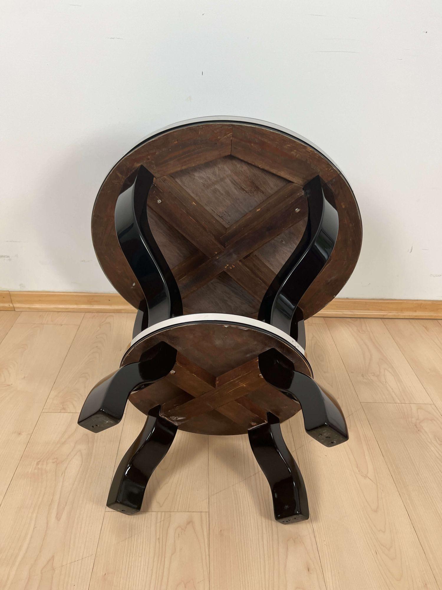 Art Deco Gueridon or Round Side Table, Black Lacquer, Metal, France circa 193 4