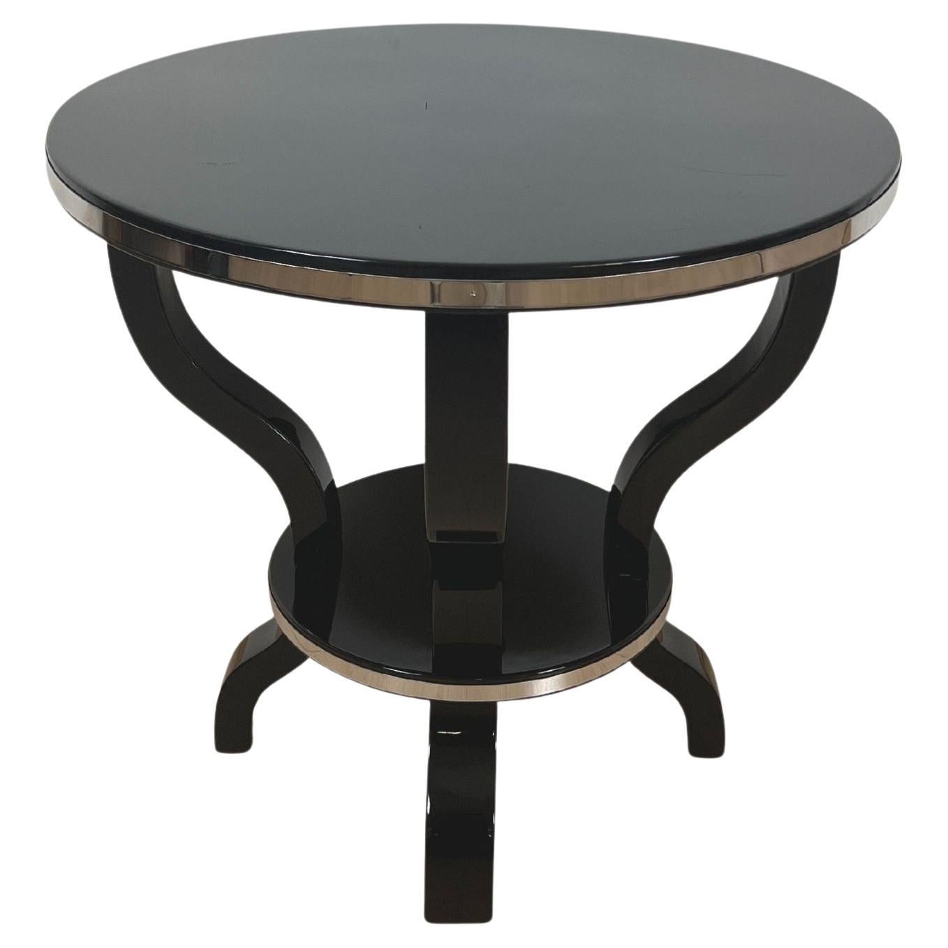 Art Deco Gueridon or Round Side Table, Black Lacquer, Metal, France circa 193