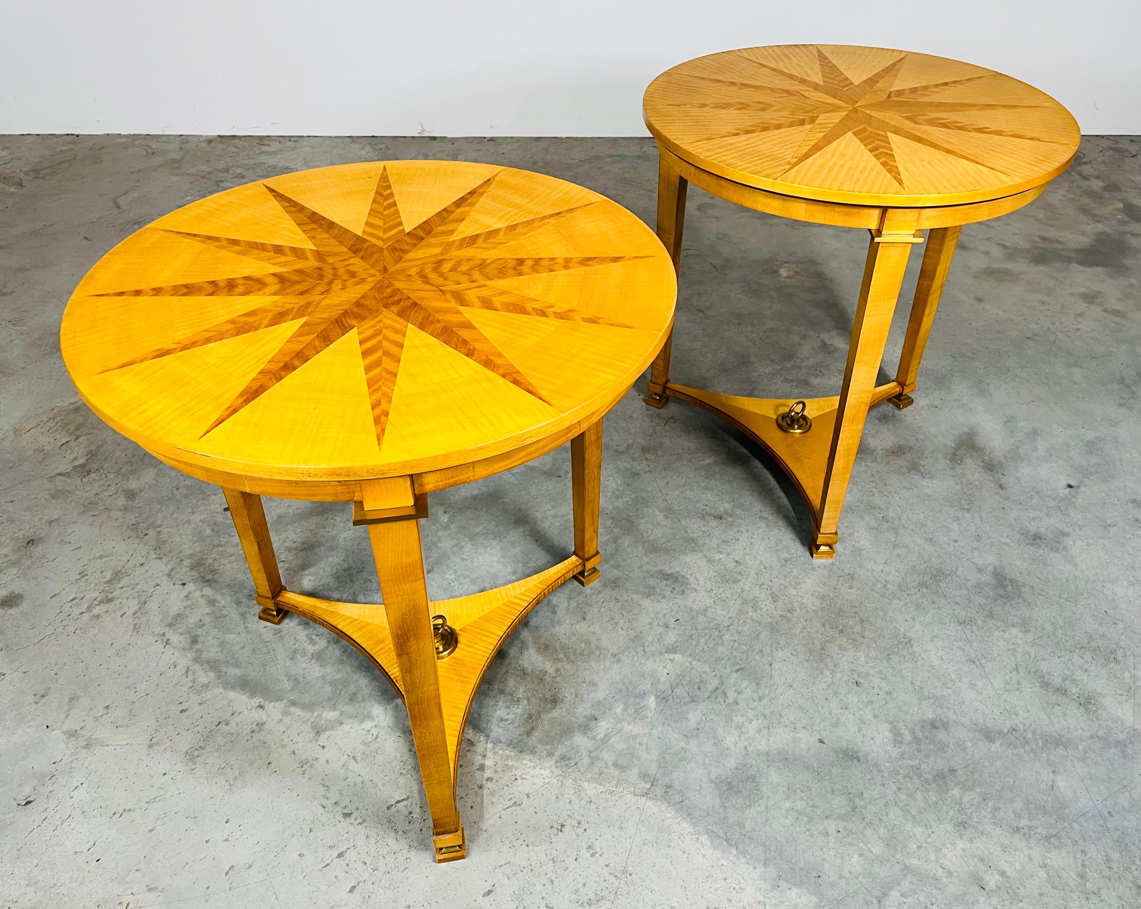 Brass Neoclassical Gueridon Side Parquetry Tables By Andre’ Arbus For Baker, A Pair
