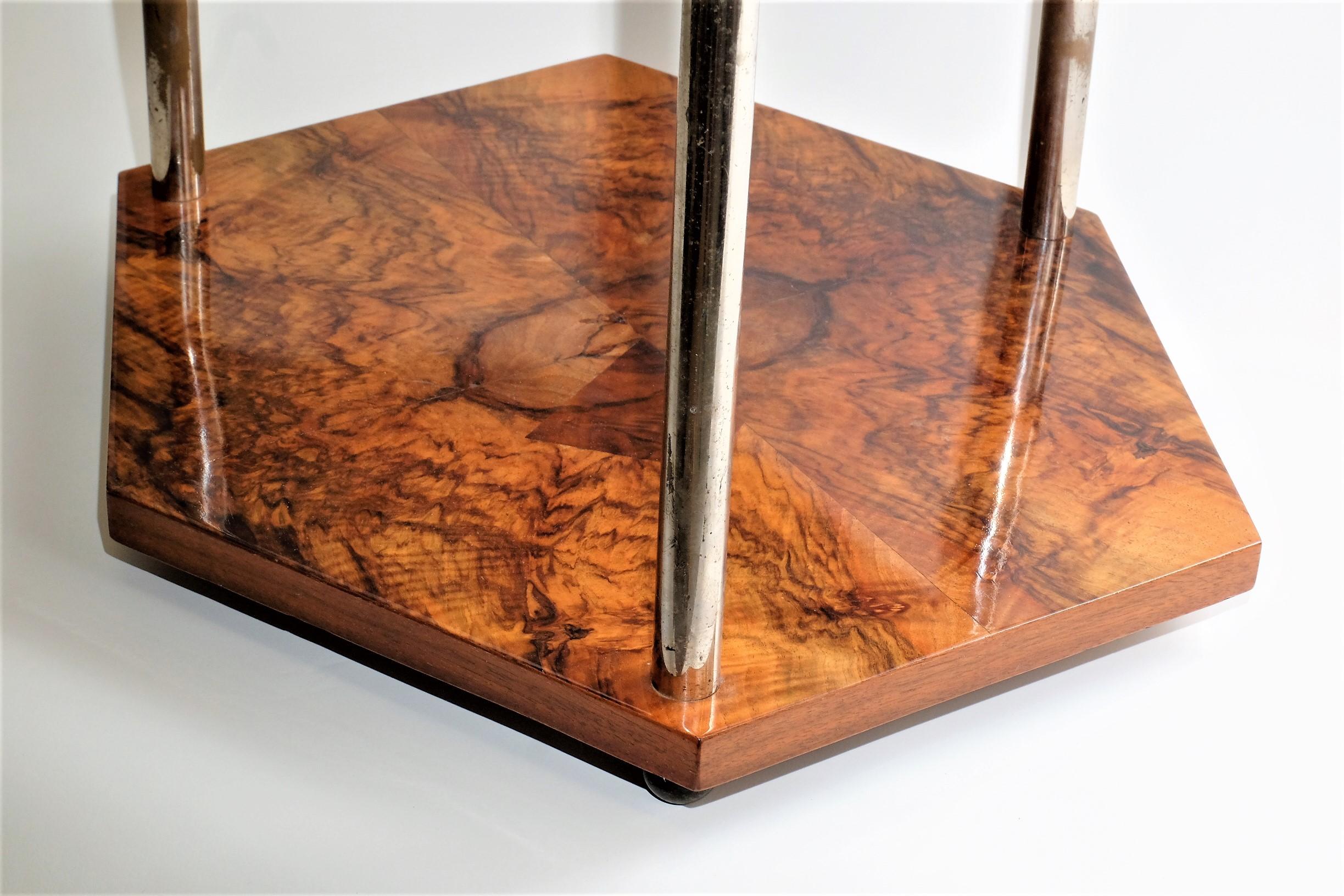 Art Deco Gueridon Side Table Chromed Legs Hexagonal Walnut For Sale 3
