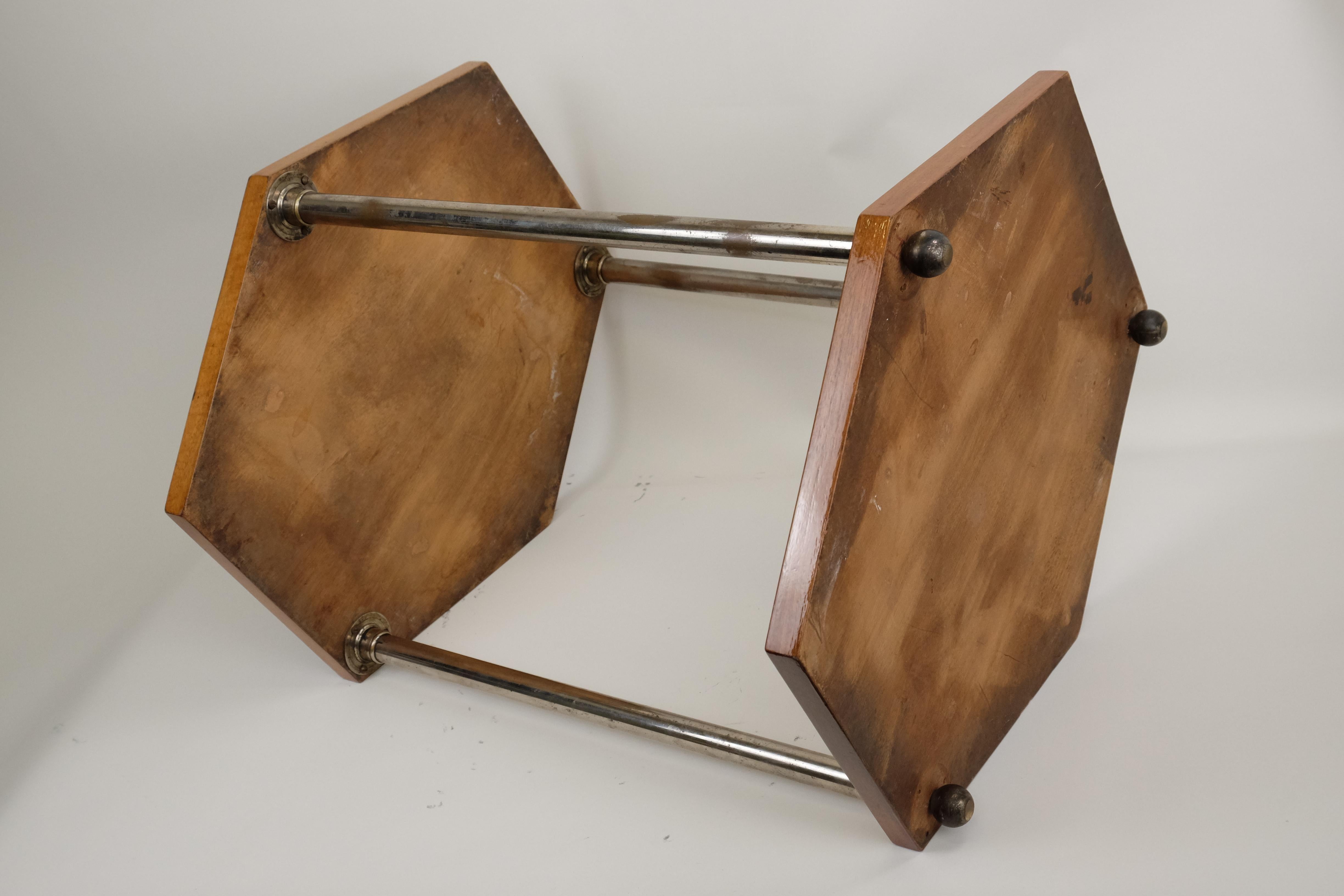 Art Deco Gueridon Side Table Chromed Legs Hexagonal Walnut For Sale 4