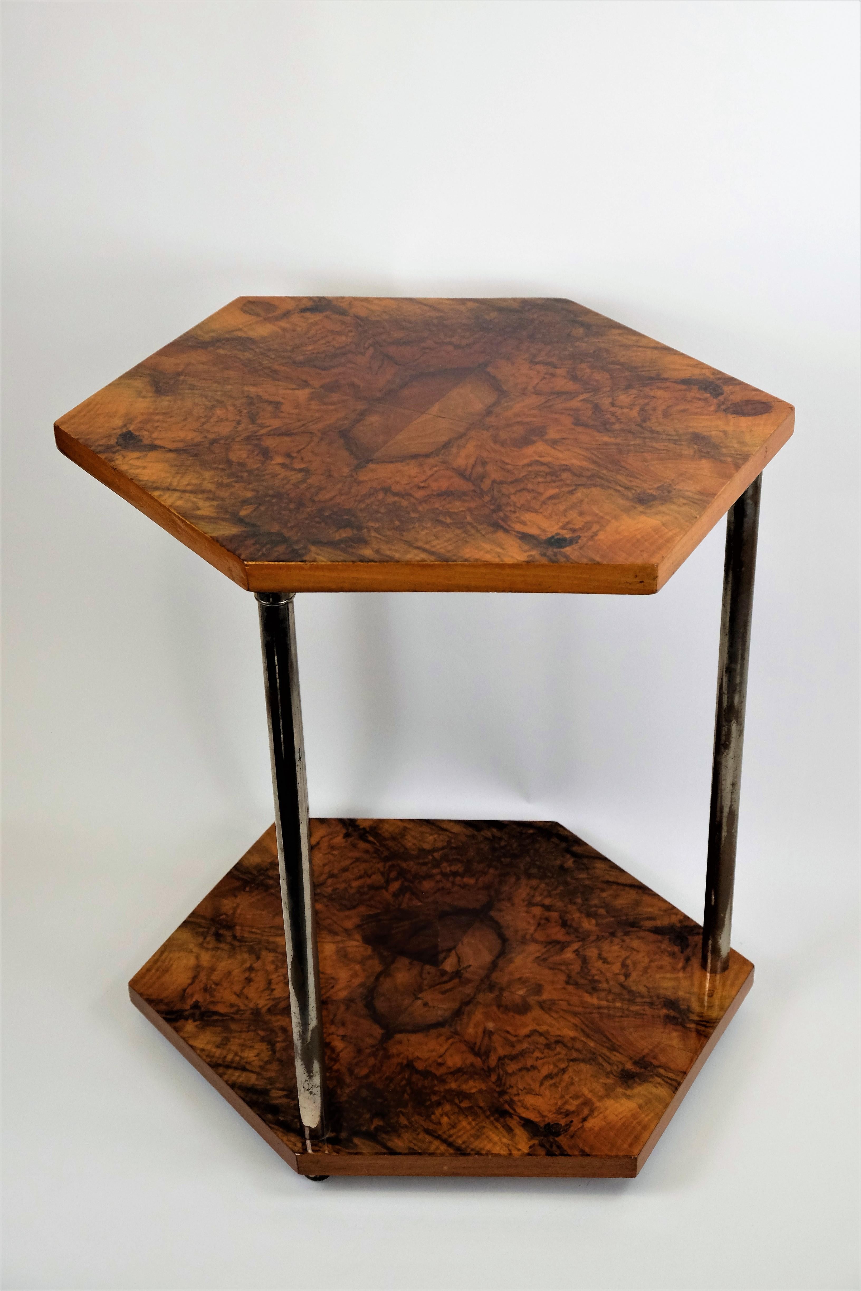 French Art Deco Gueridon Side Table Chromed Legs Hexagonal Walnut For Sale