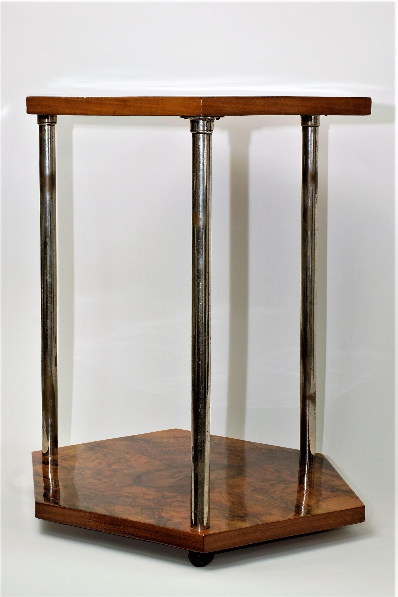 Steel Art Deco Gueridon Side Table Chromed Legs Hexagonal Walnut For Sale