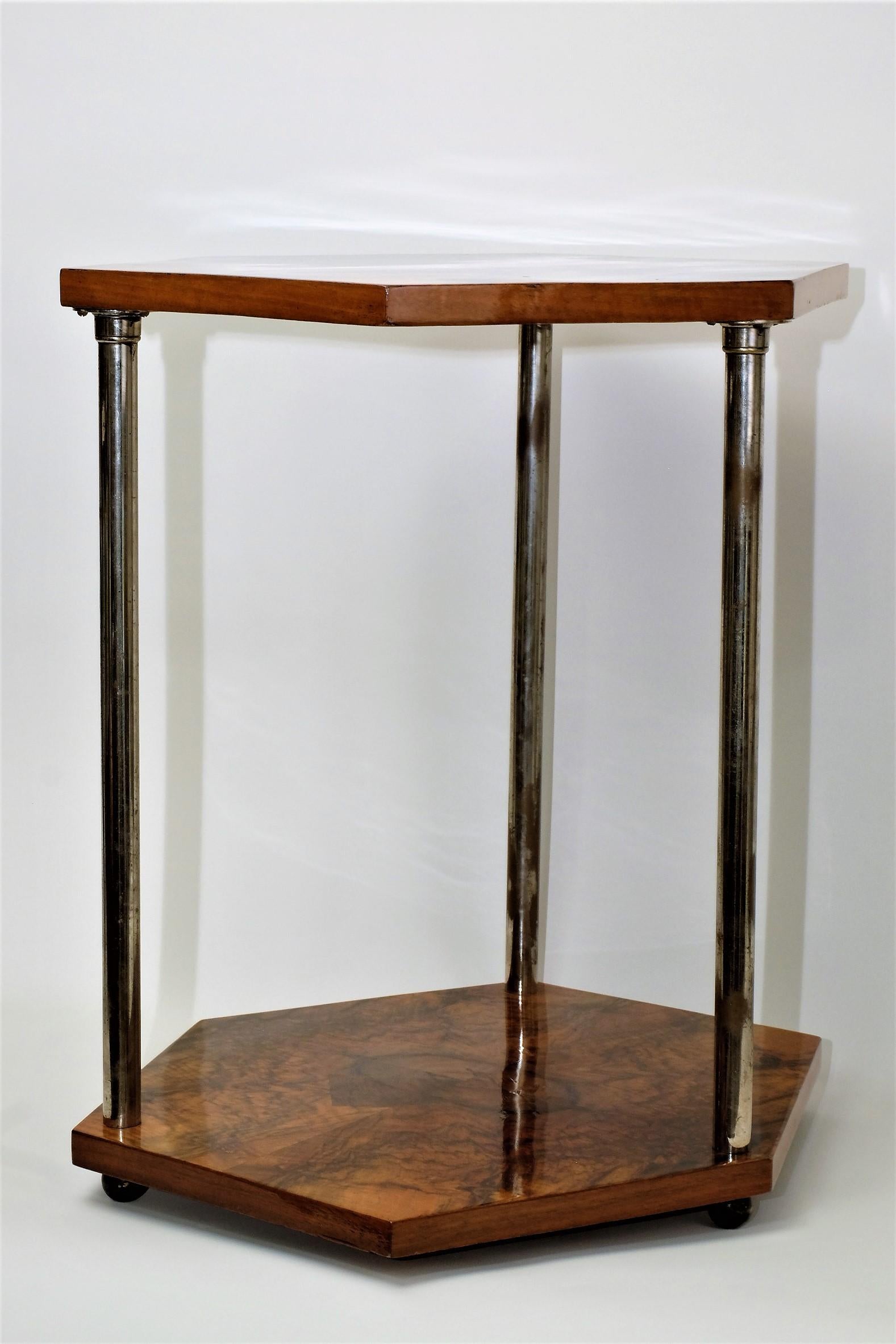 Art Deco Gueridon Side Table Chromed Legs Hexagonal Walnut For Sale 1