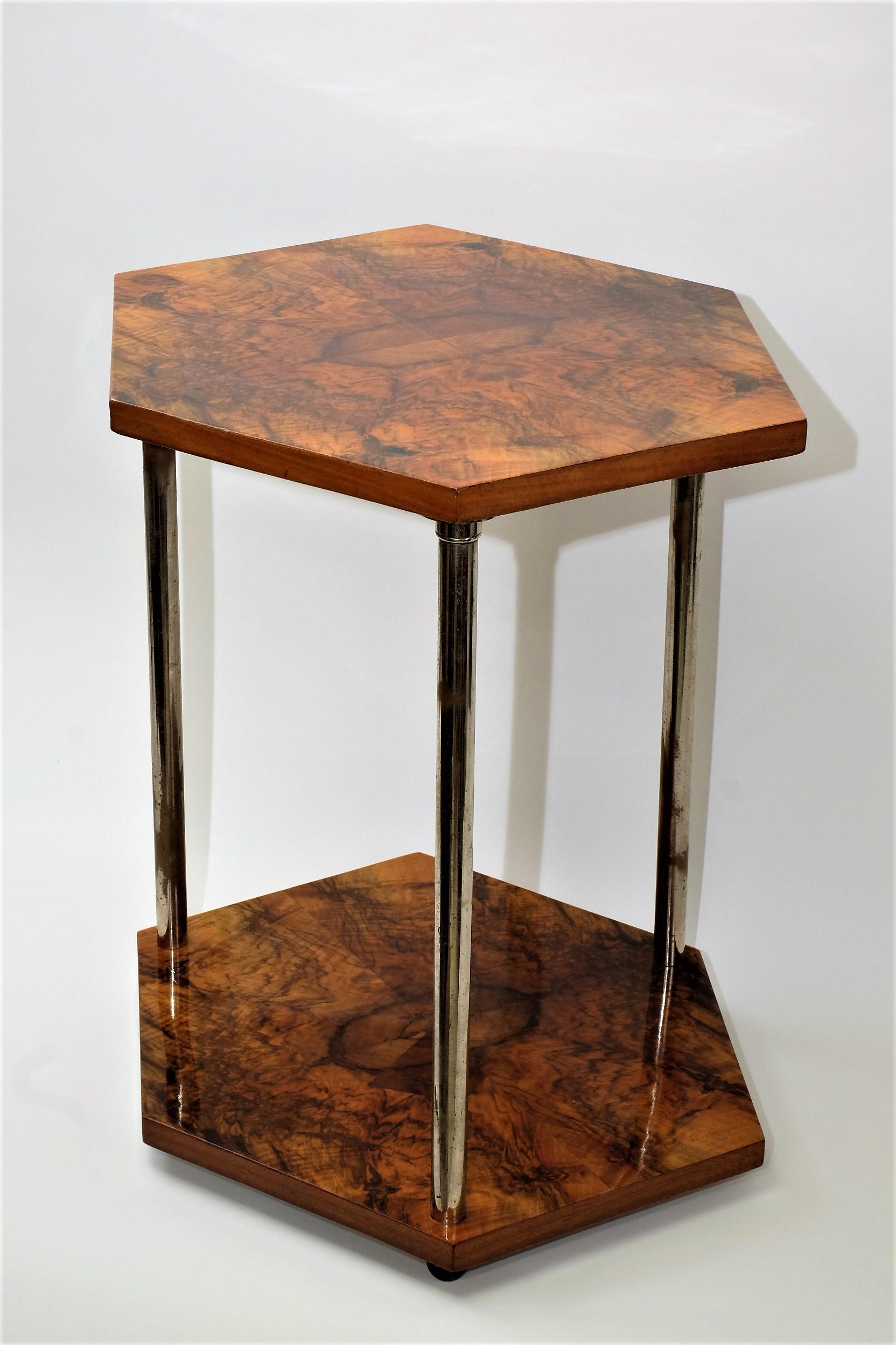 Art Deco Gueridon Side Table Chromed Legs Hexagonal Walnut In Good Condition For Sale In München, BY