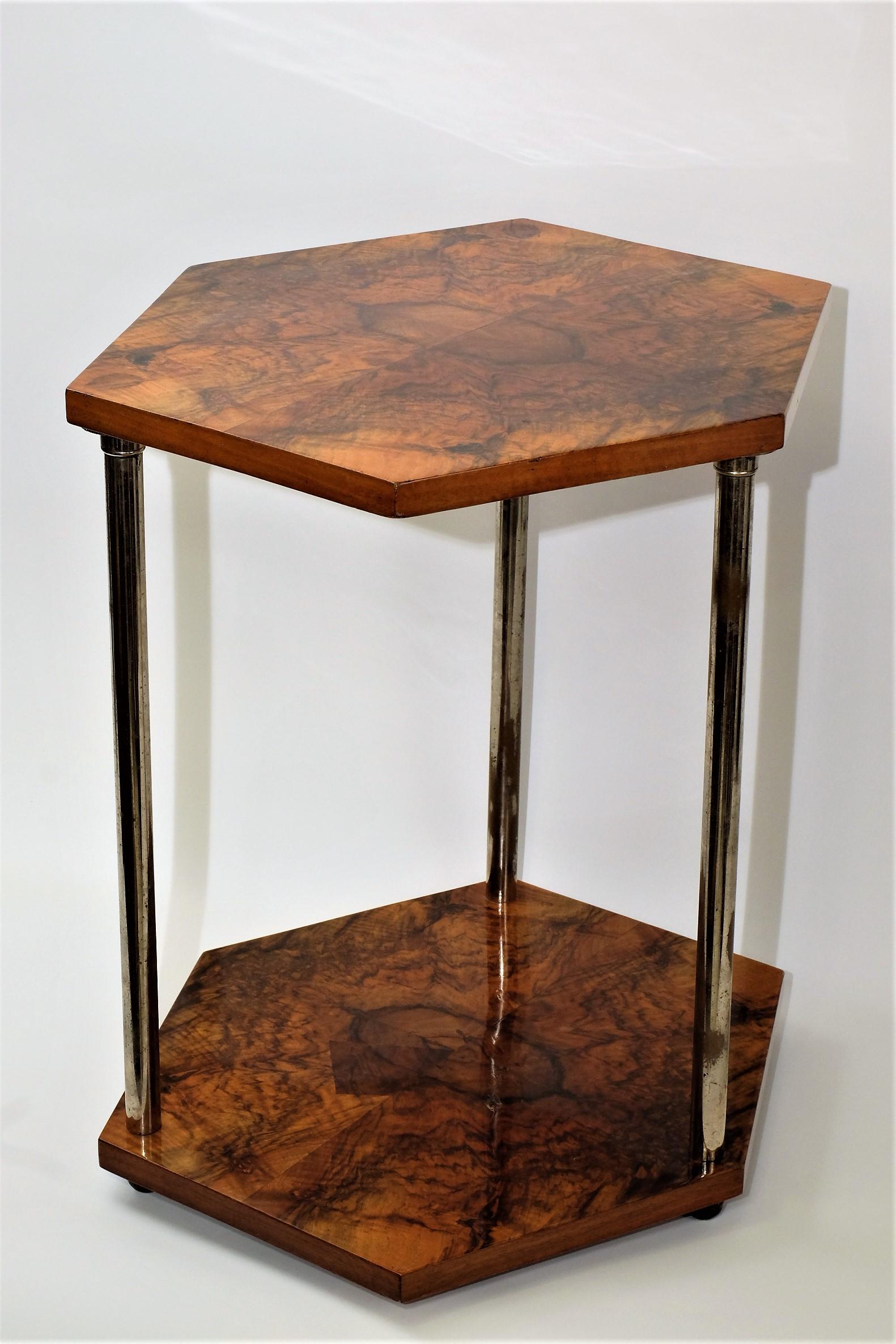 Mid-20th Century Art Deco Gueridon Side Table Chromed Legs Hexagonal Walnut For Sale