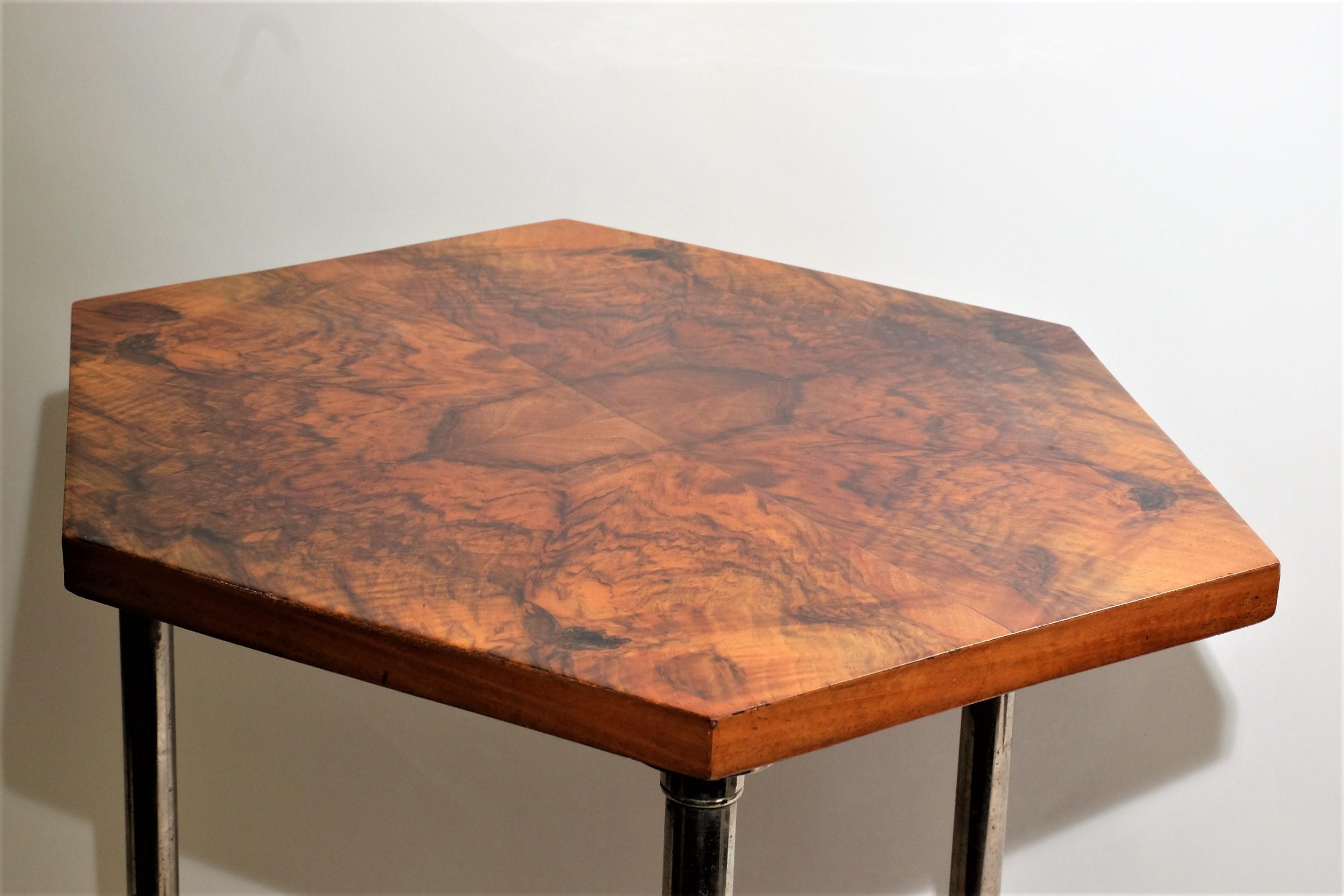 Art Deco Gueridon Side Table Chromed Legs Hexagonal Walnut For Sale 2
