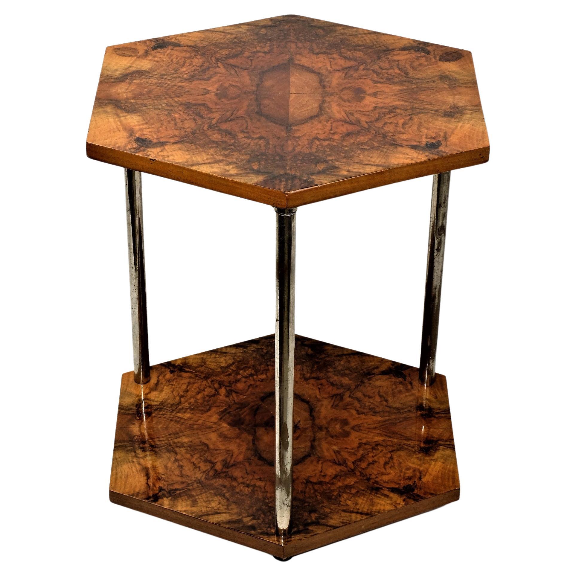 Art Deco Gueridon Side Table Chromed Legs Hexagonal Walnut For Sale
