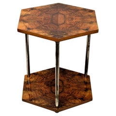 Art Deco Gueridon Side Table Chromed Legs Hexagonal Walnut