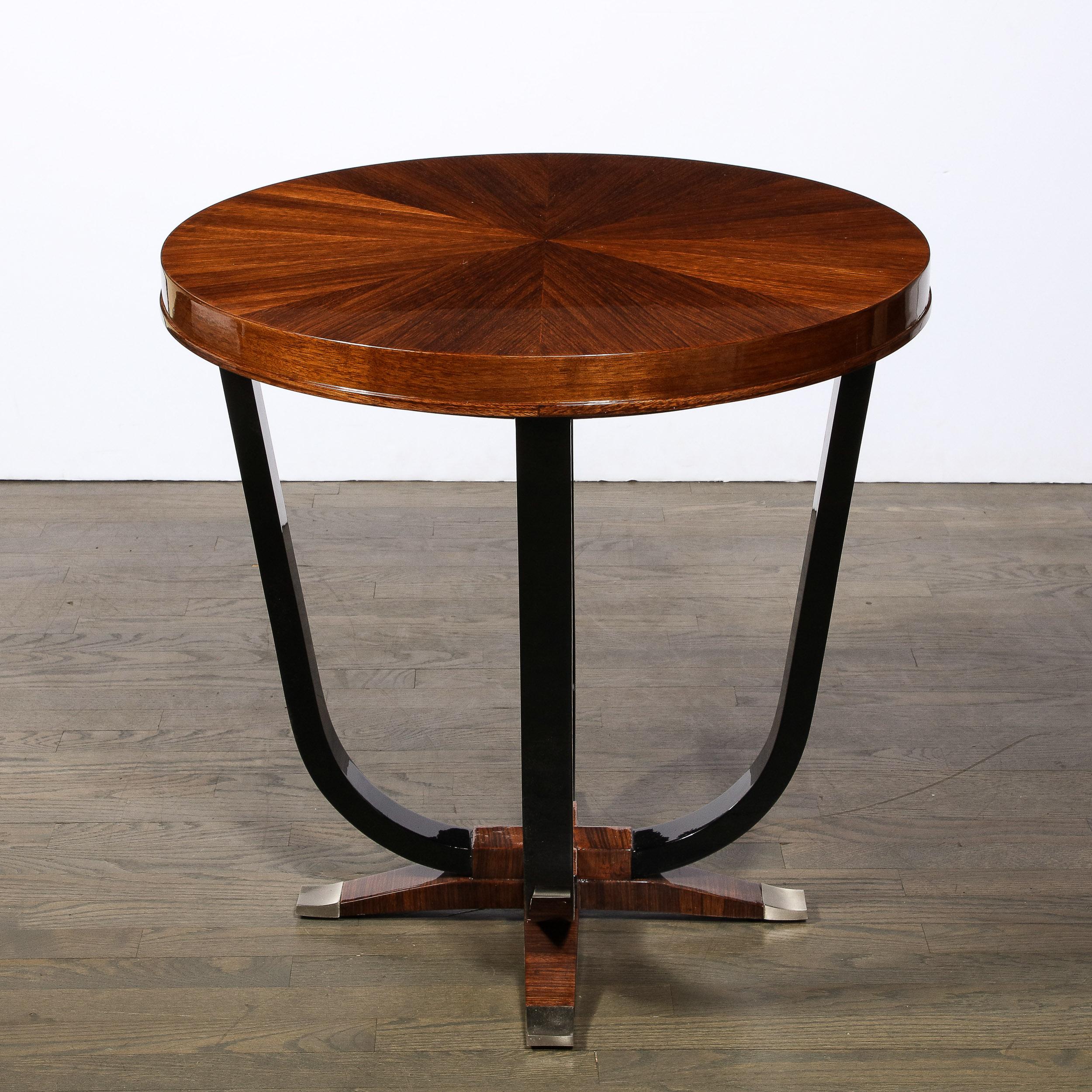 French Art Deco Gueridon Table in Book-Matched Walnut, Lacquered Legs & Nickel Sabots For Sale