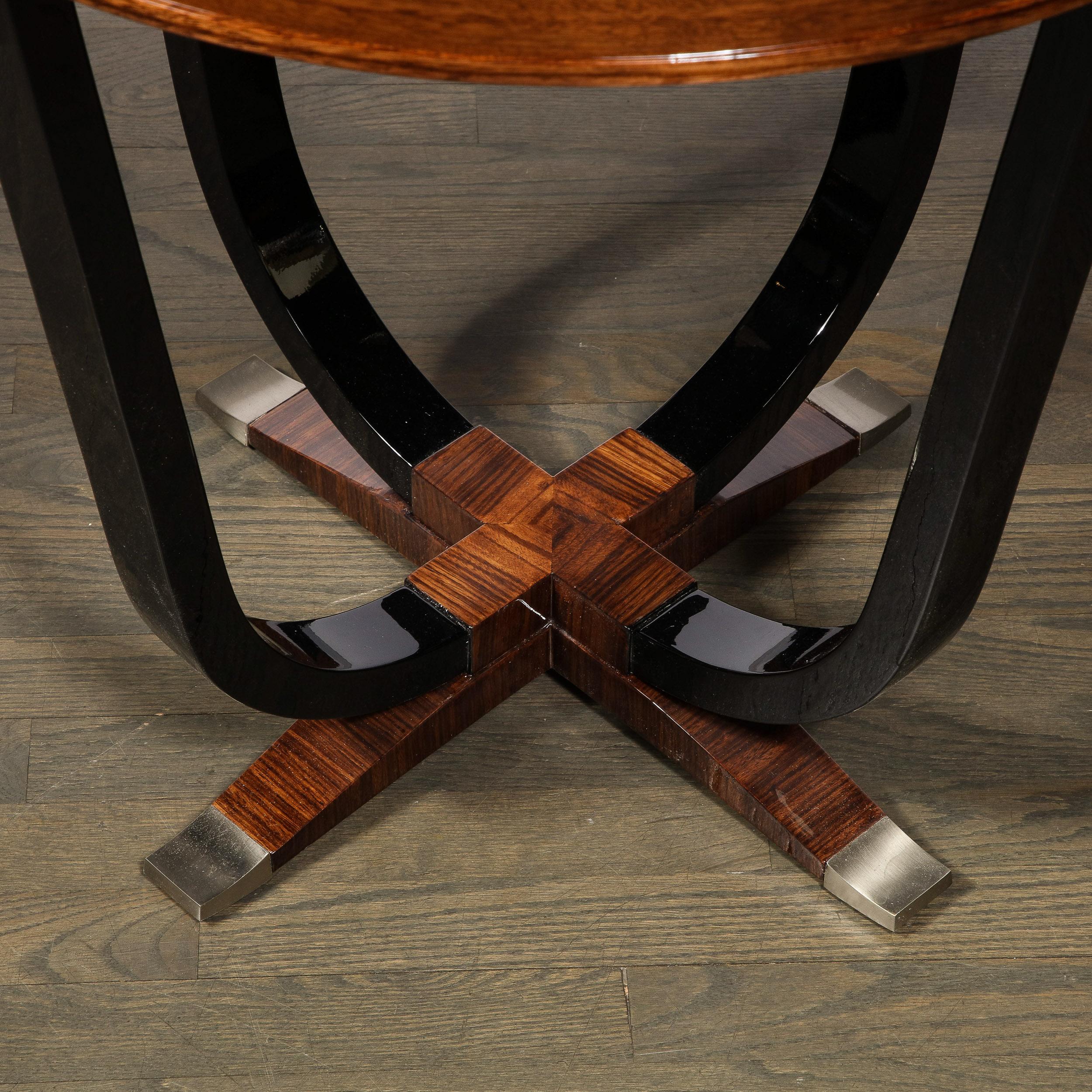 Art Deco Gueridon Table in Book-Matched Walnut, Lacquered Legs & Nickel Sabots For Sale 2