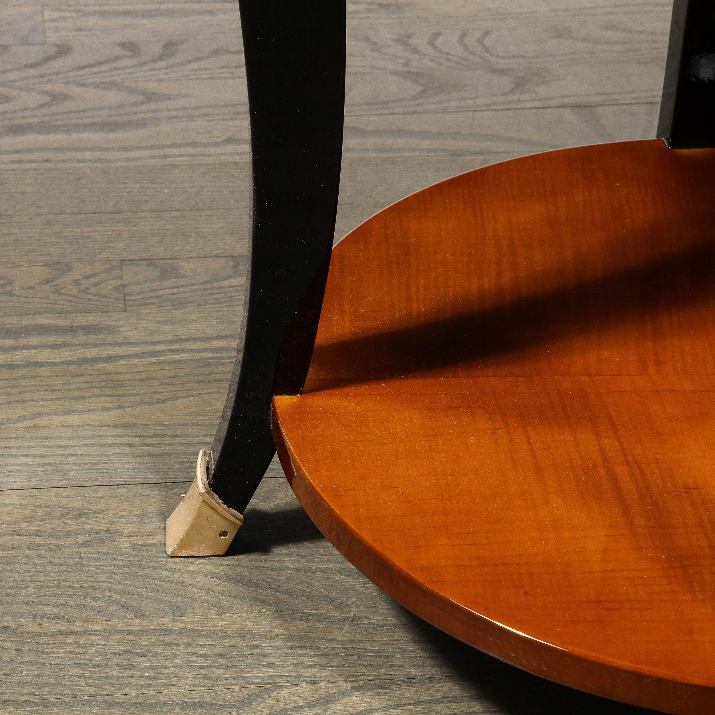 Art Deco Gueridon Table in Bookmatched Walnut W/ Ebonized Legs & Brass Sabots For Sale 2