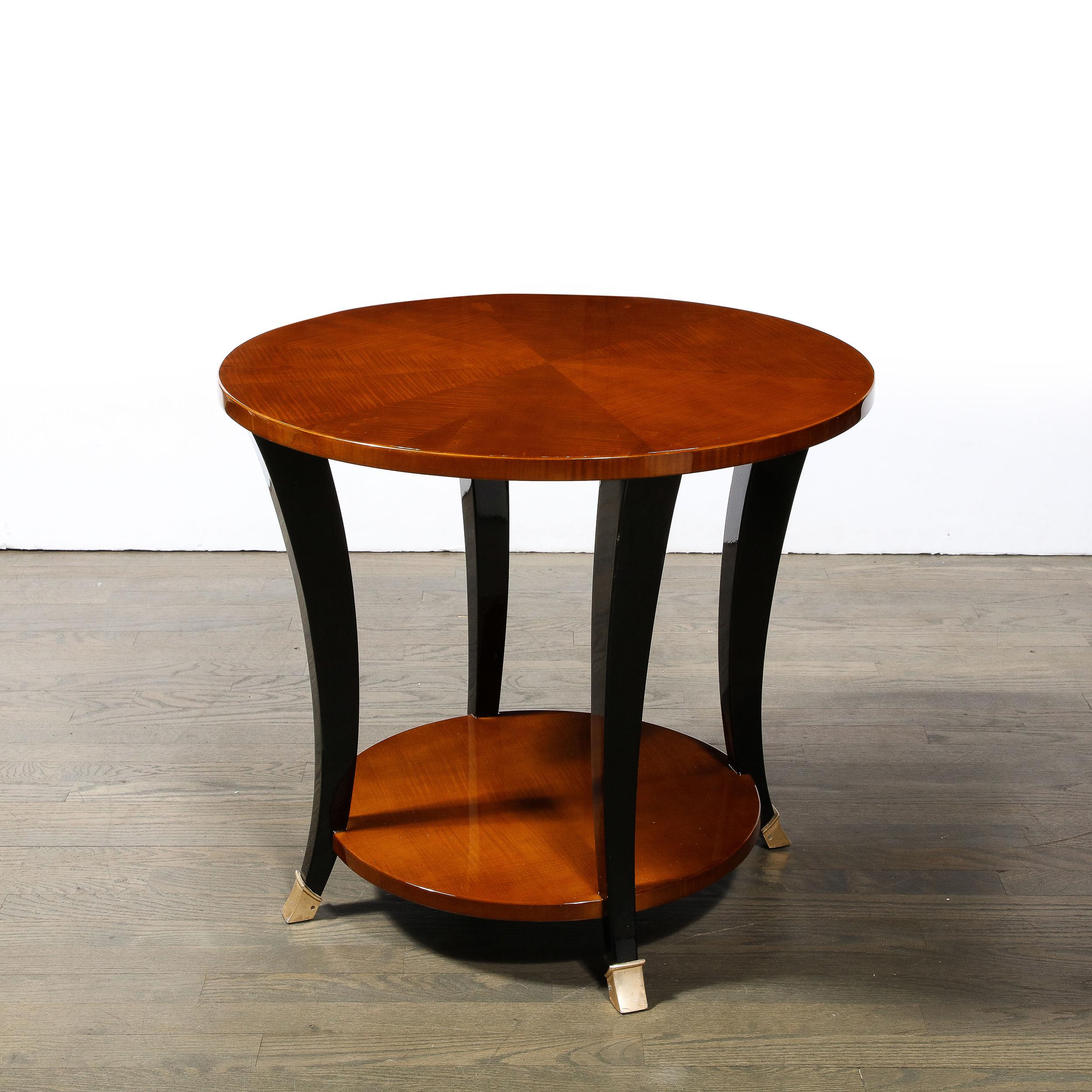 Art Deco Gueridon Table in Bookmatched Walnut W/ Ebonized Legs & Brass Sabots For Sale 3