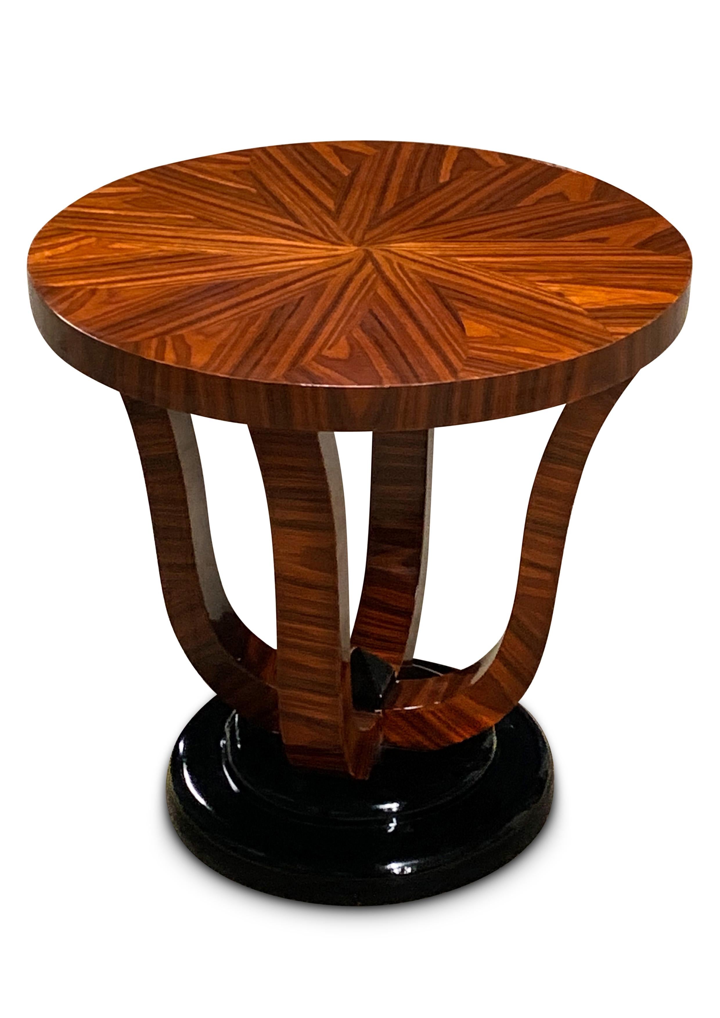 Jules Leleu Style Art Deco Gueridon Table With A Beautiful Rosewood Sunburst Top On An Open Frame Ebonised Base 

Item is highly polished and extremely well executed with a beautiful wood grain. 

1920's 

