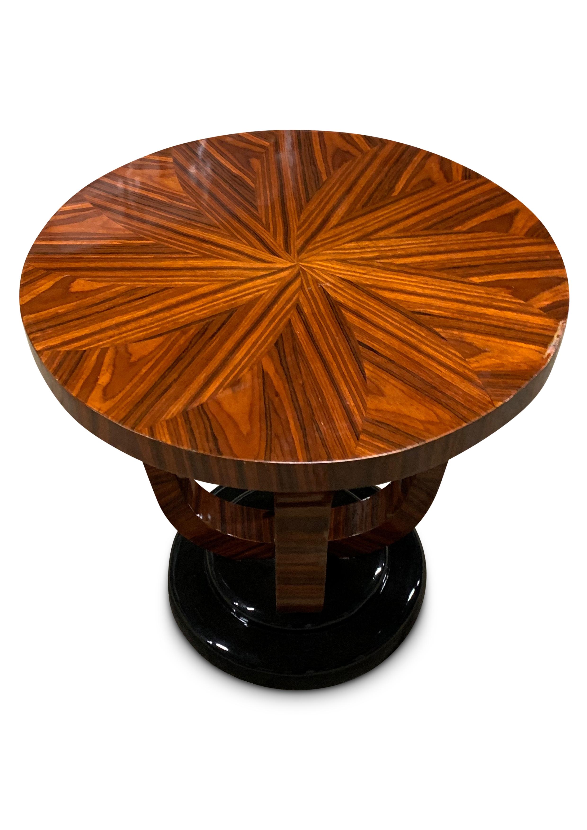 20th Century Jules Leleu Style Art Deco Pedestal Table With A Beautiful Rosewood Sunburst Top For Sale