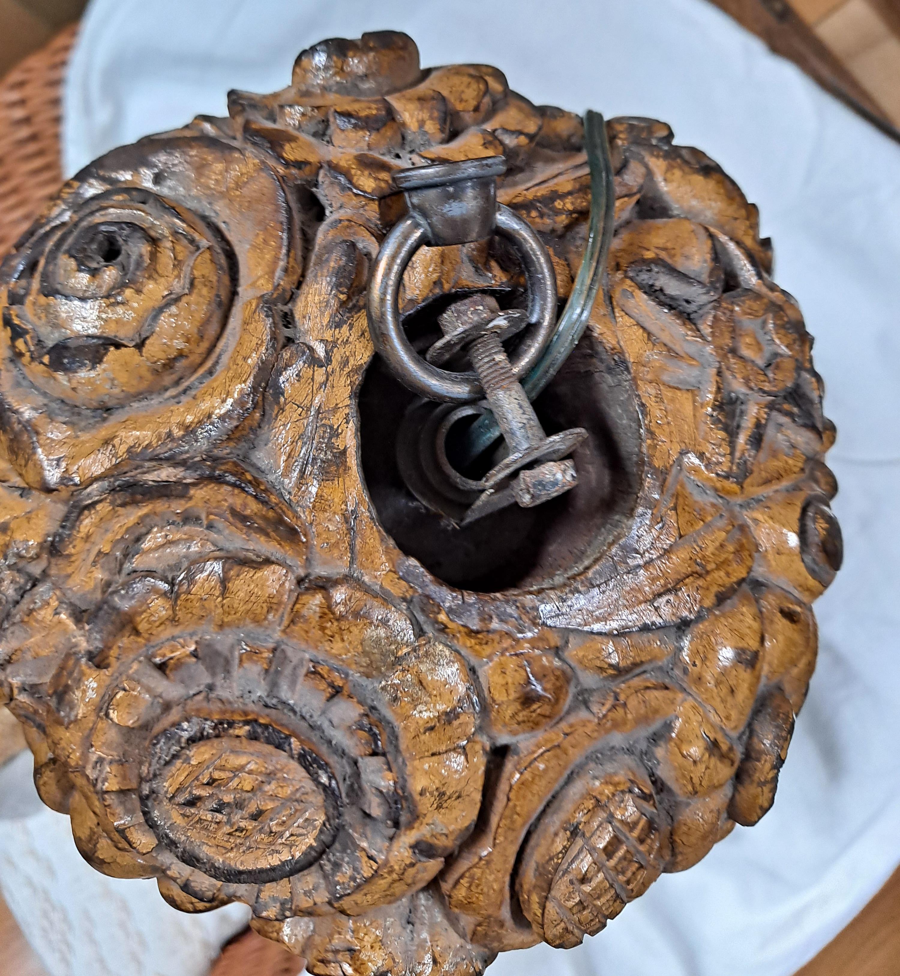 Art Deco Guild Wood Three Light Chandelier

Floral carved crown and arms with Degué frosted floral glass shades

Wired with plug in good working order

17 x 17 x 32H