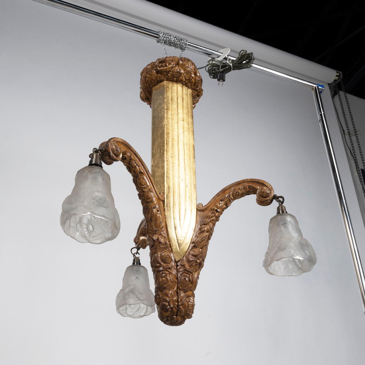 Art Deco Gilded Wood Three Light Chandelier For Sale 2