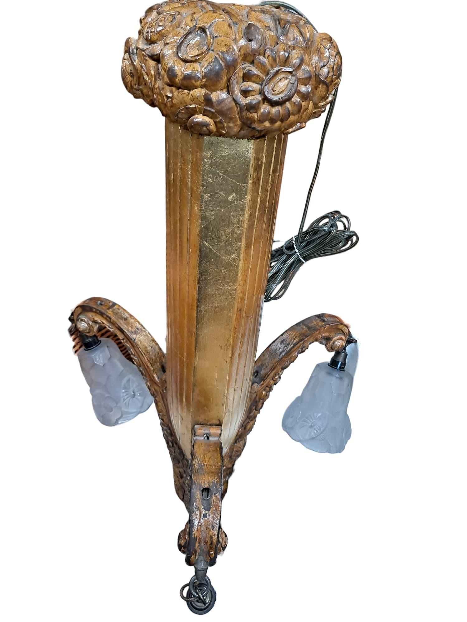 Art Deco Gilded Wood Three Light Chandelier For Sale 3