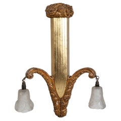 Art Deco Vergoldetes Holz Drei Lichter Kronleuchter