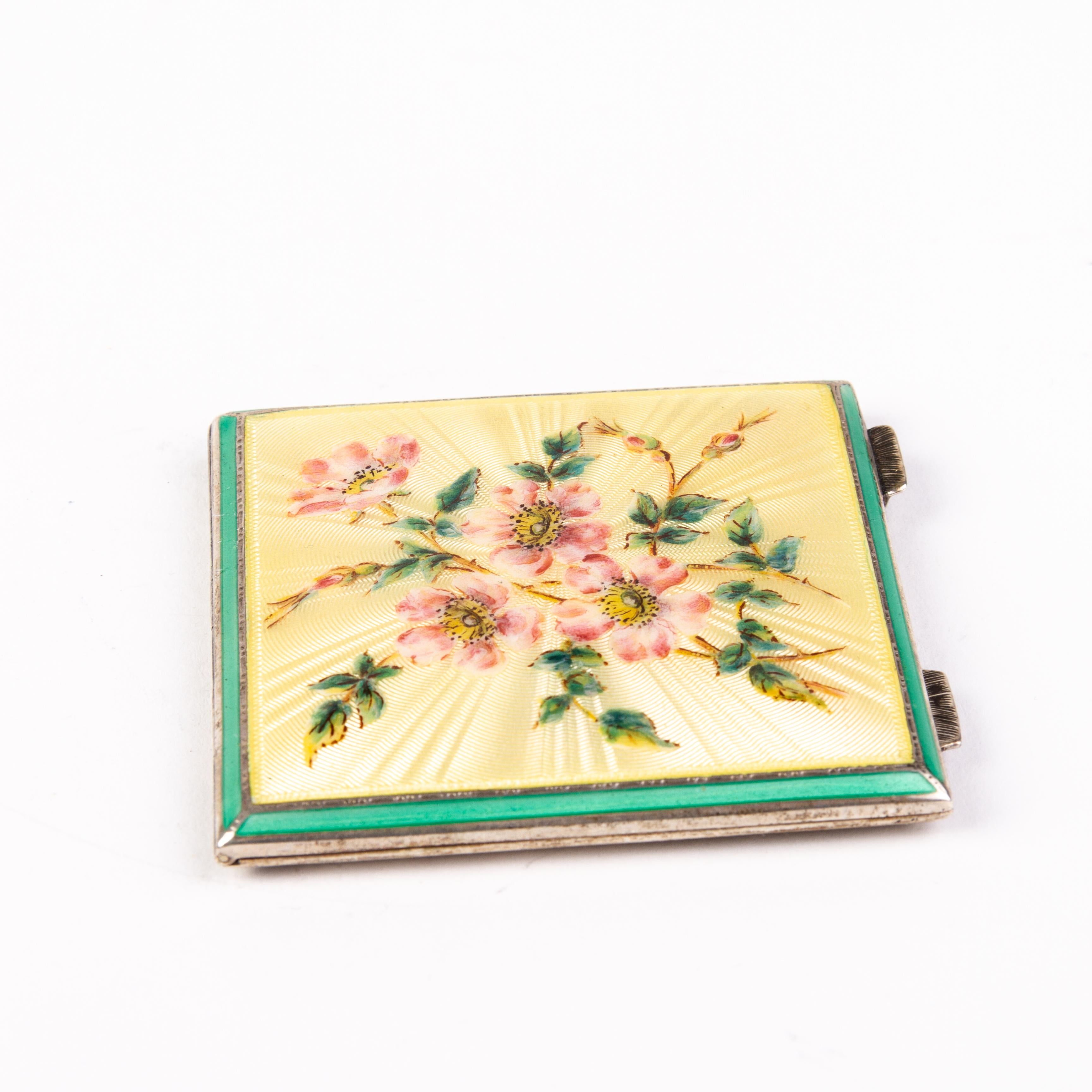 Art Deco Guilloche Enamel Silver Compact In Good Condition For Sale In Nottingham, GB