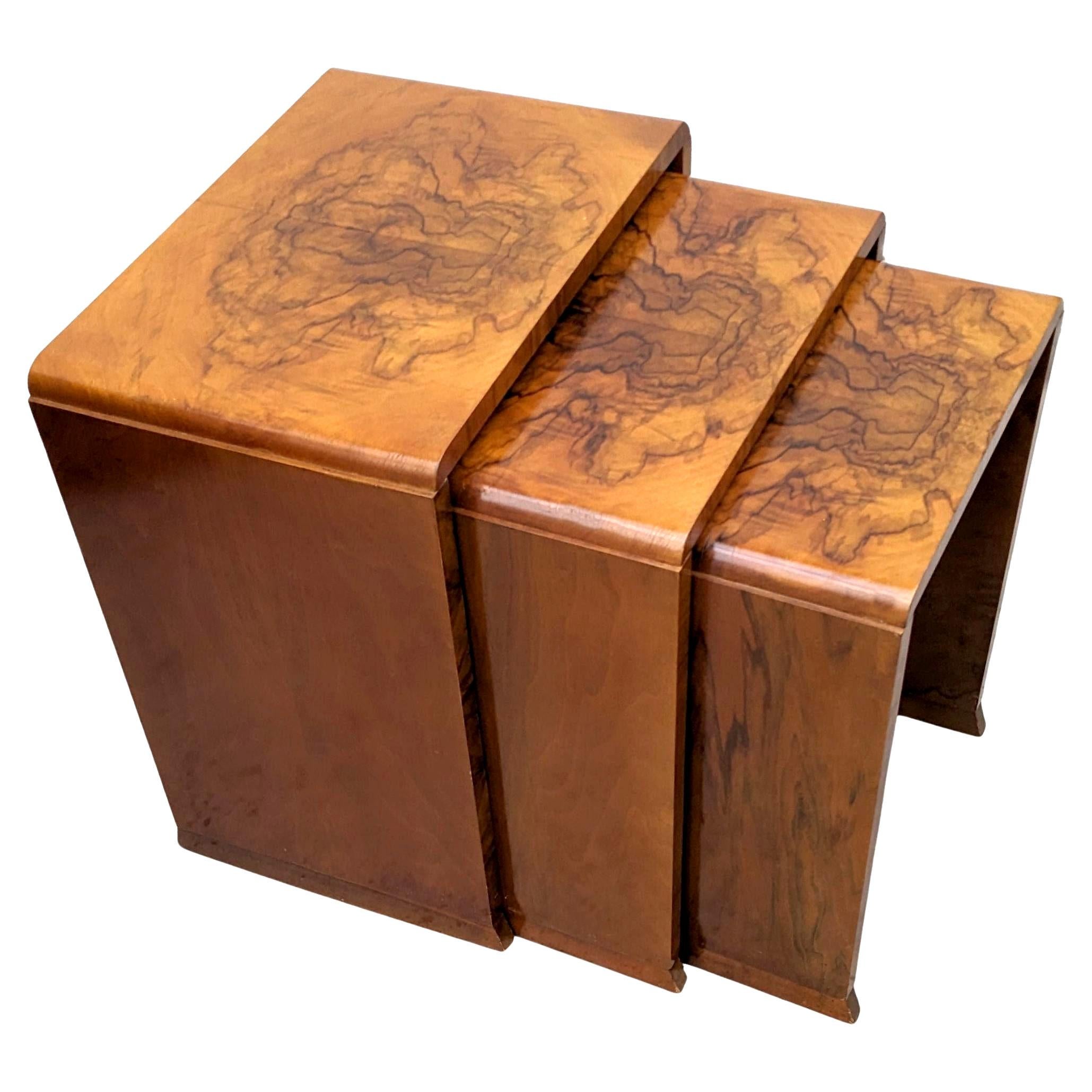 Walnut Art Deco H & L Epstein Set of Three Nest of Tables, English, c1930s