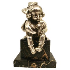 Art Deco H. Molins Girl & Cat Silvered Bronze Sculpture / Paperweight