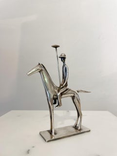 Art Deco Hagenauer Silvered Metal Sculpture of a Polo Player, Austria, 1930s