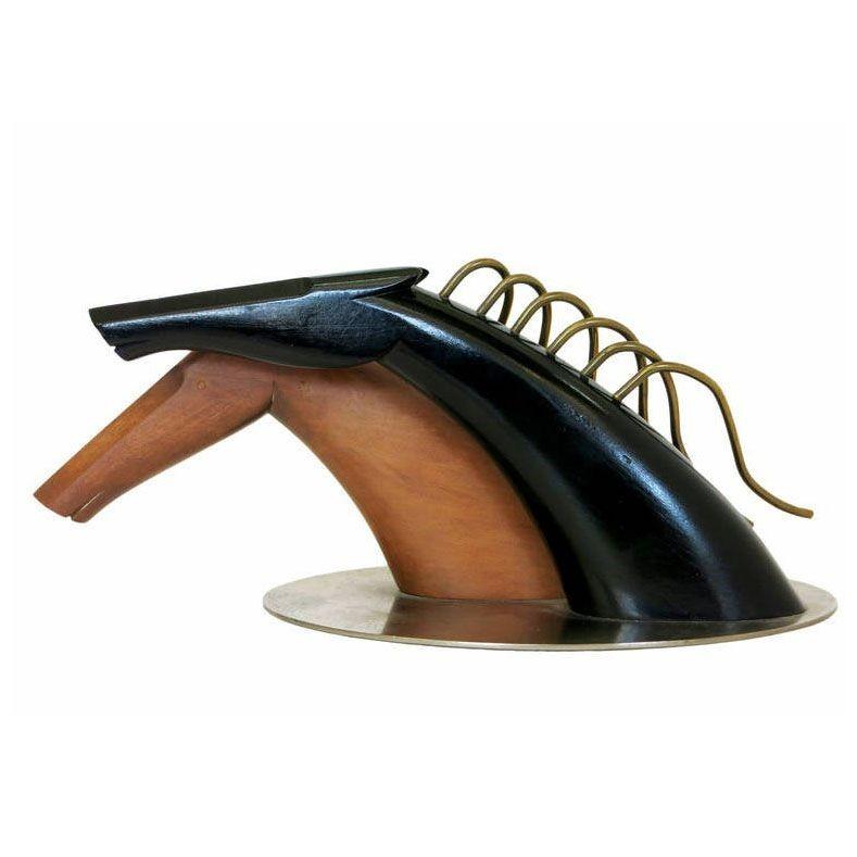 Art Deco Clydesdale wood sculpture featuring a pair of hand carved race horses with undulating bronze manes mounted to a chrome base, featuring one horse finished in a naturally tone wood and one black lacquer finished horse. The sculpture is