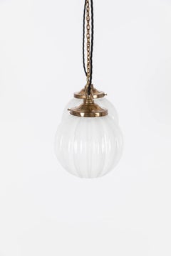 Art Deco Hailware Ribbed Globe Opaline Glass Pendant Lamp, c.1930