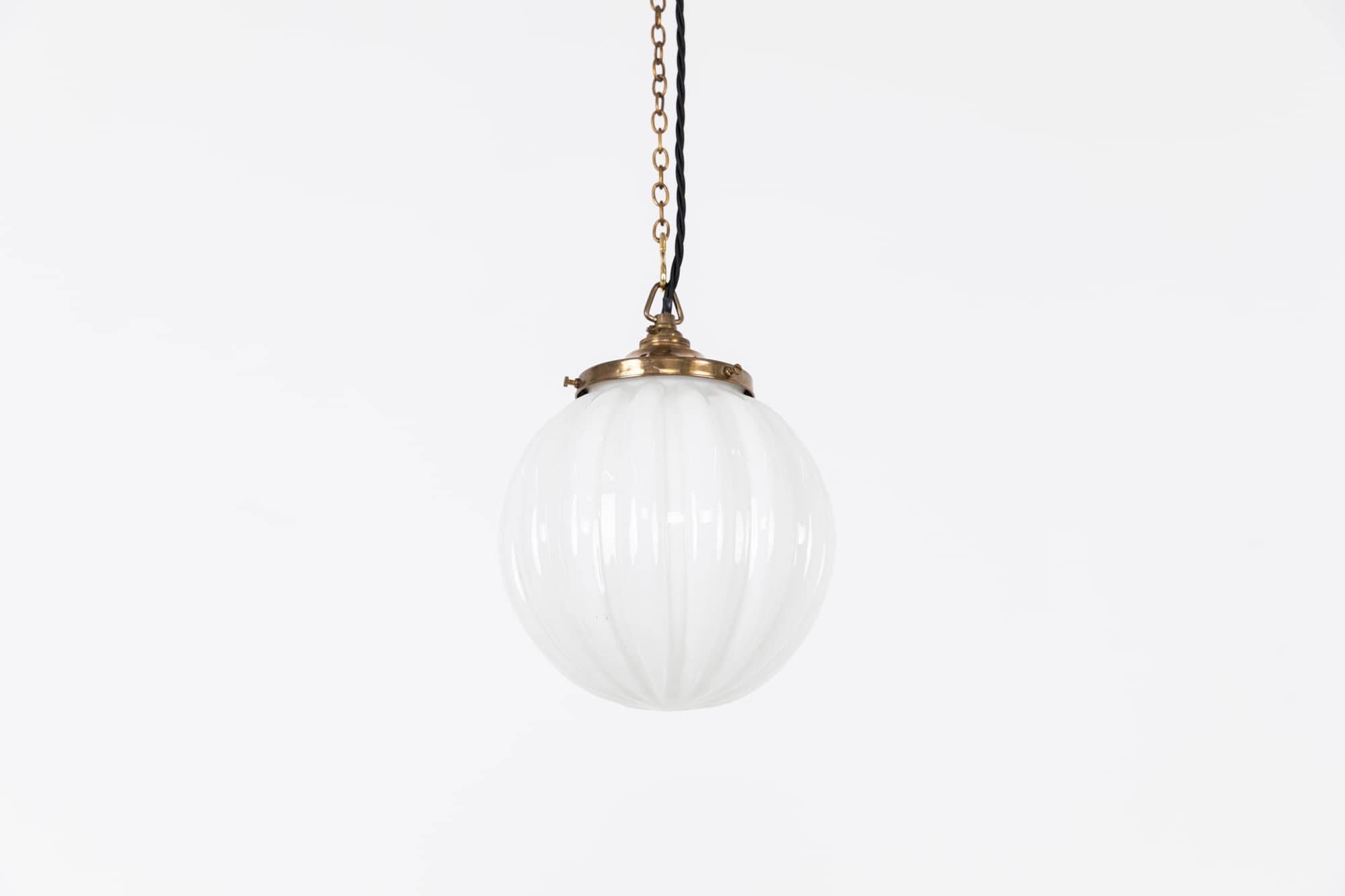 Art Deco Hailware Ribbed Globe Opaline Glass Pendant Lamp, c.1930 1