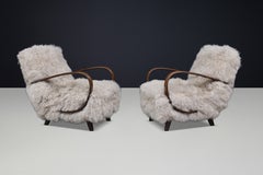 Art Deco Halabala Bentwood Lounge Chairs, 1940s, Tibetan Sheepskin Pair