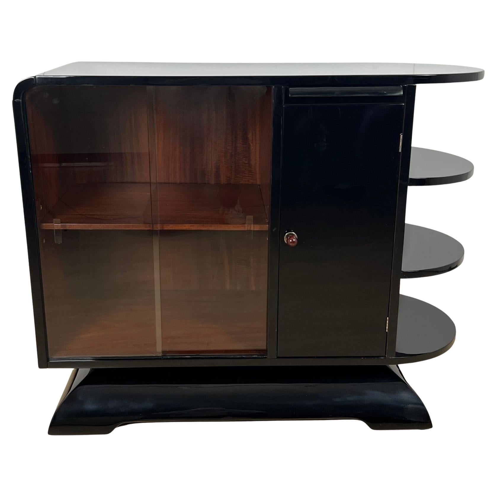 Demi-armoire Art Déco, laque noire, acajou, France circa 1930