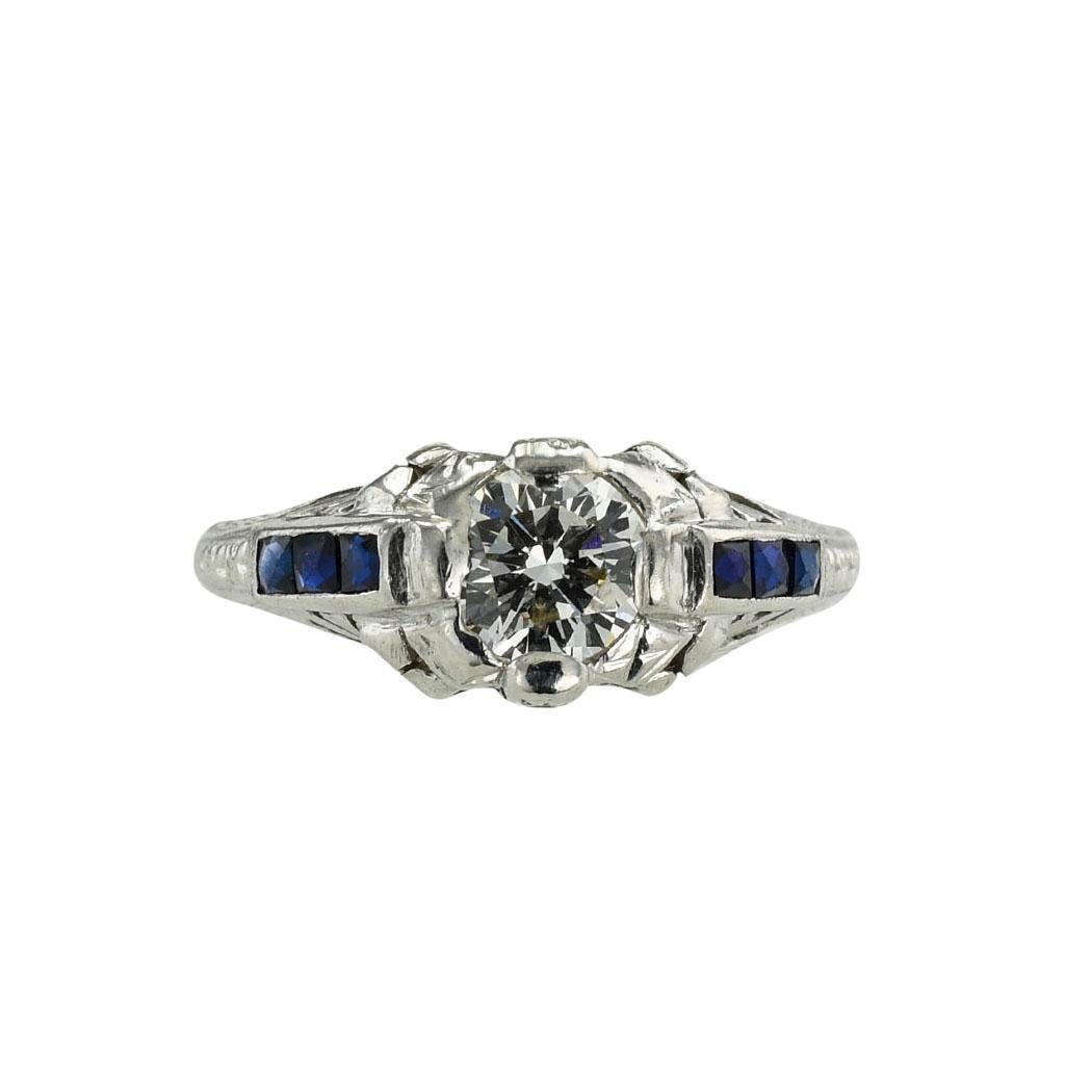 Round Cut Art Deco Half Carat Diamond Platinum Engagement Ring For Sale