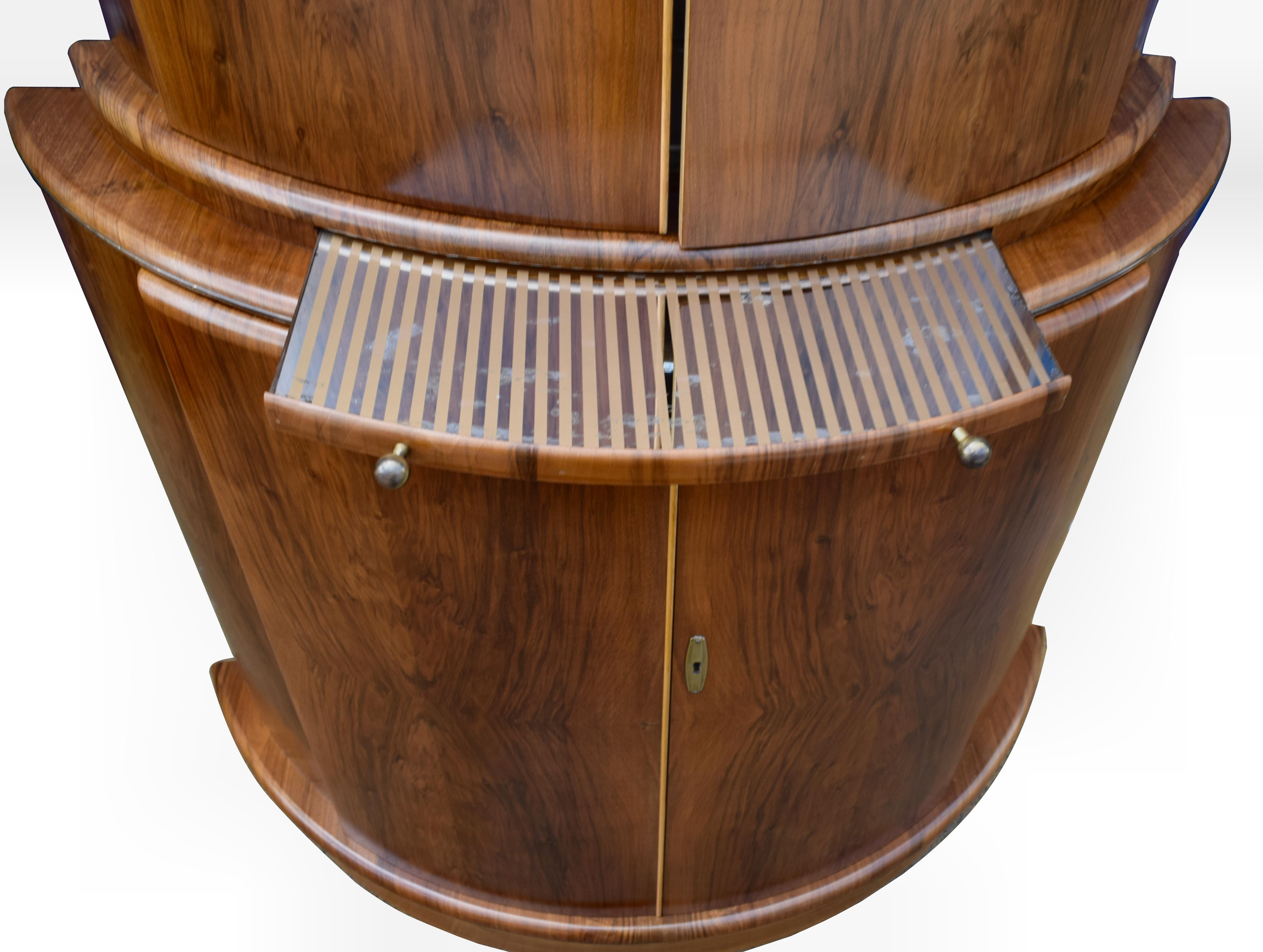 Art Deco Half Circle Walnut Drinks Dry Bar circa 1930s at