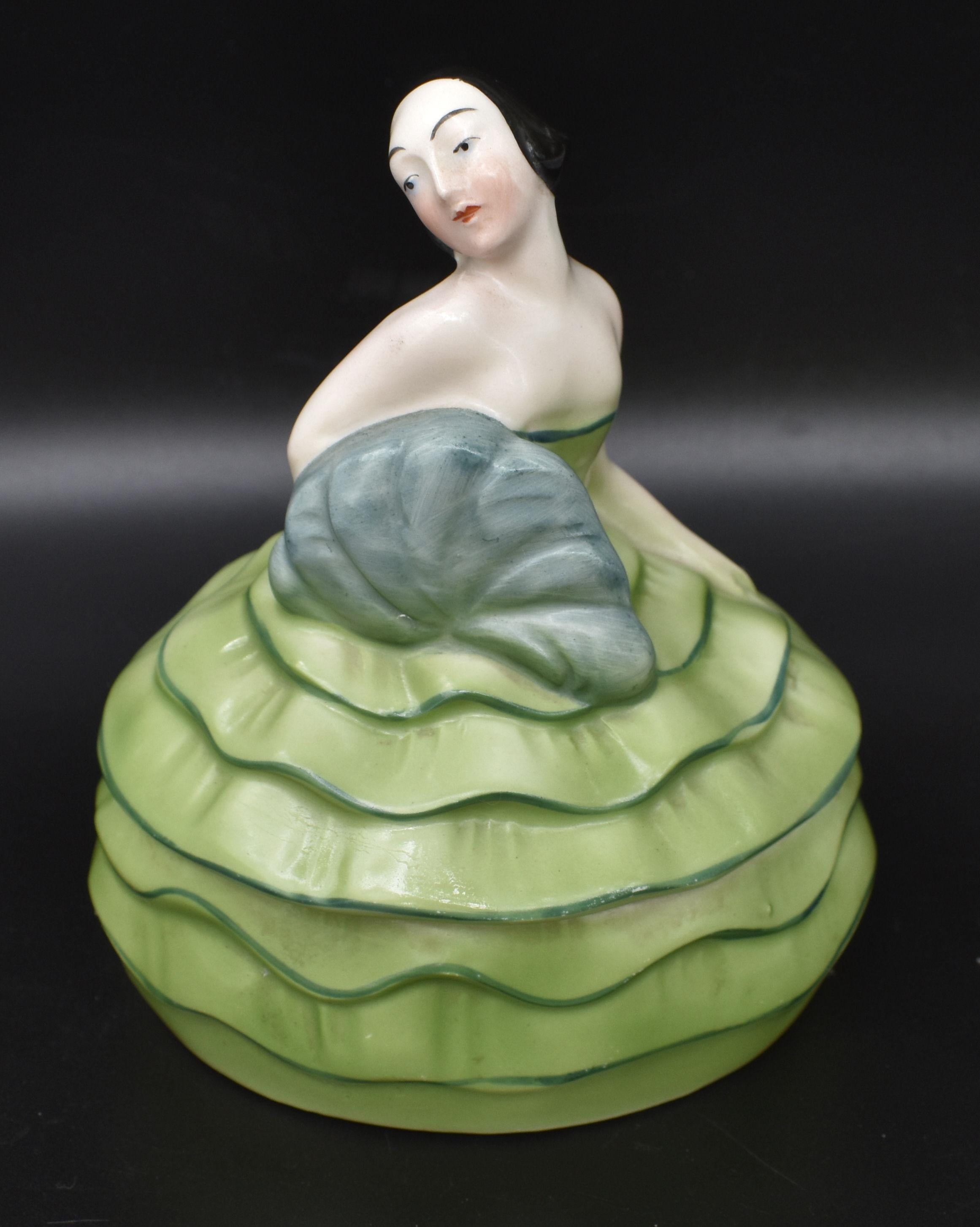 For your consideration is this very attractive and totally original 1930's Art Deco ladies powder/ trinket box. Made from ceramic with a vibrantly colored painted finish. Highly functional, collectable and decorative. A lovely piece. She's free from