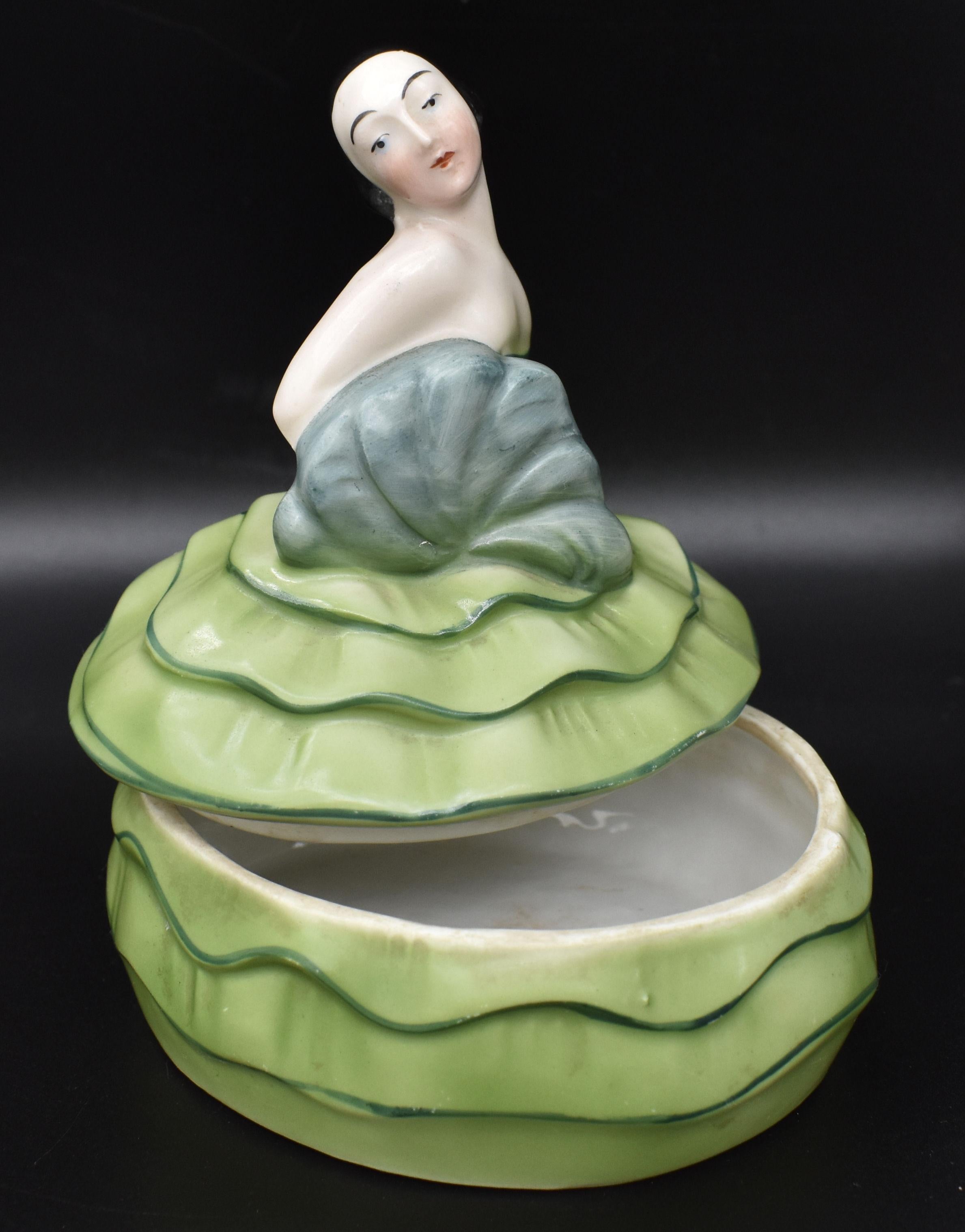 Art Deco Half Doll Ceramic Powder Box, 1930's In Good Condition For Sale In Devon, England