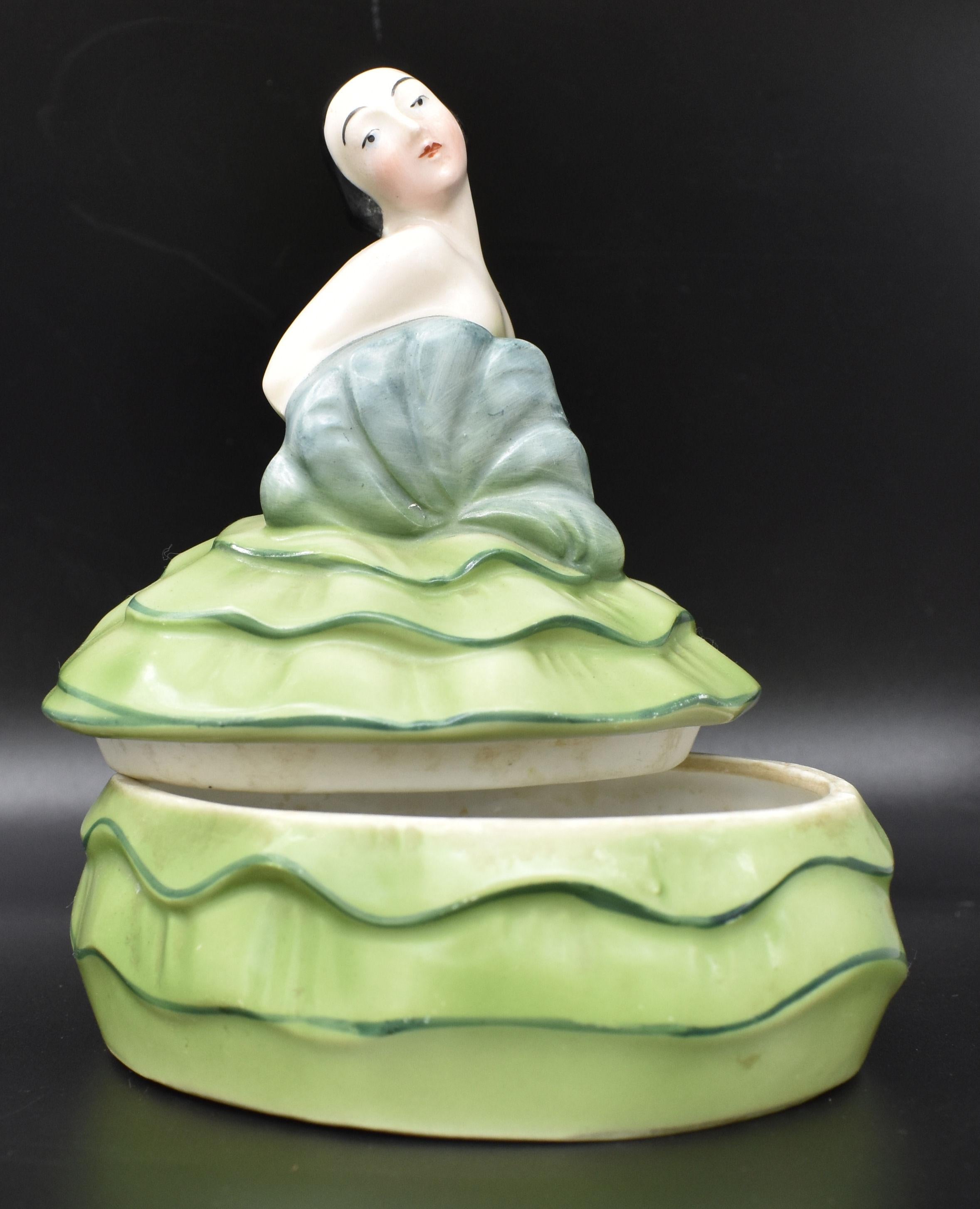 20th Century Art Deco Half Doll Ceramic Powder Box, 1930's For Sale