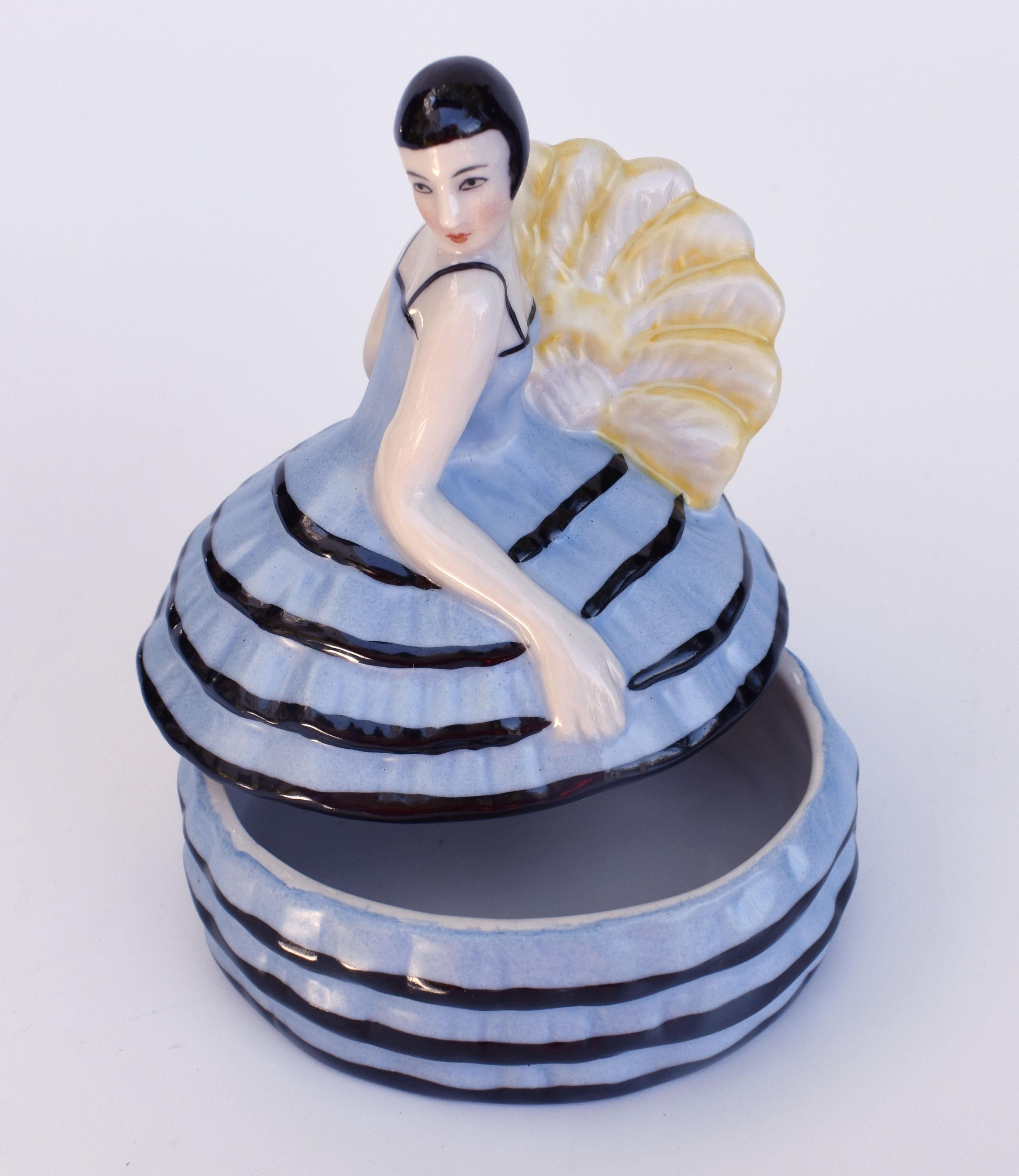 Art Deco Half Doll Ceramic Powder Box Bowl, French, c1930's For Sale 1