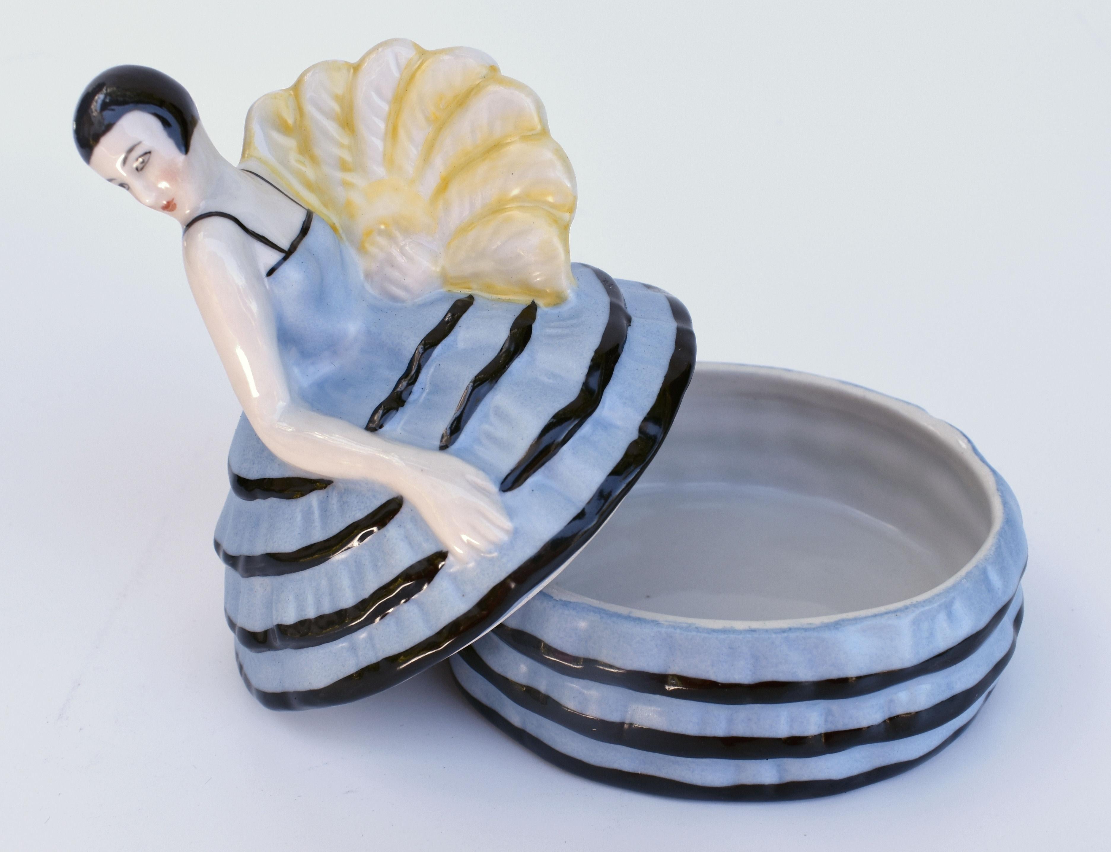 Art Deco Half Doll Ceramic Powder Box Bowl, French, c1930's For Sale 2
