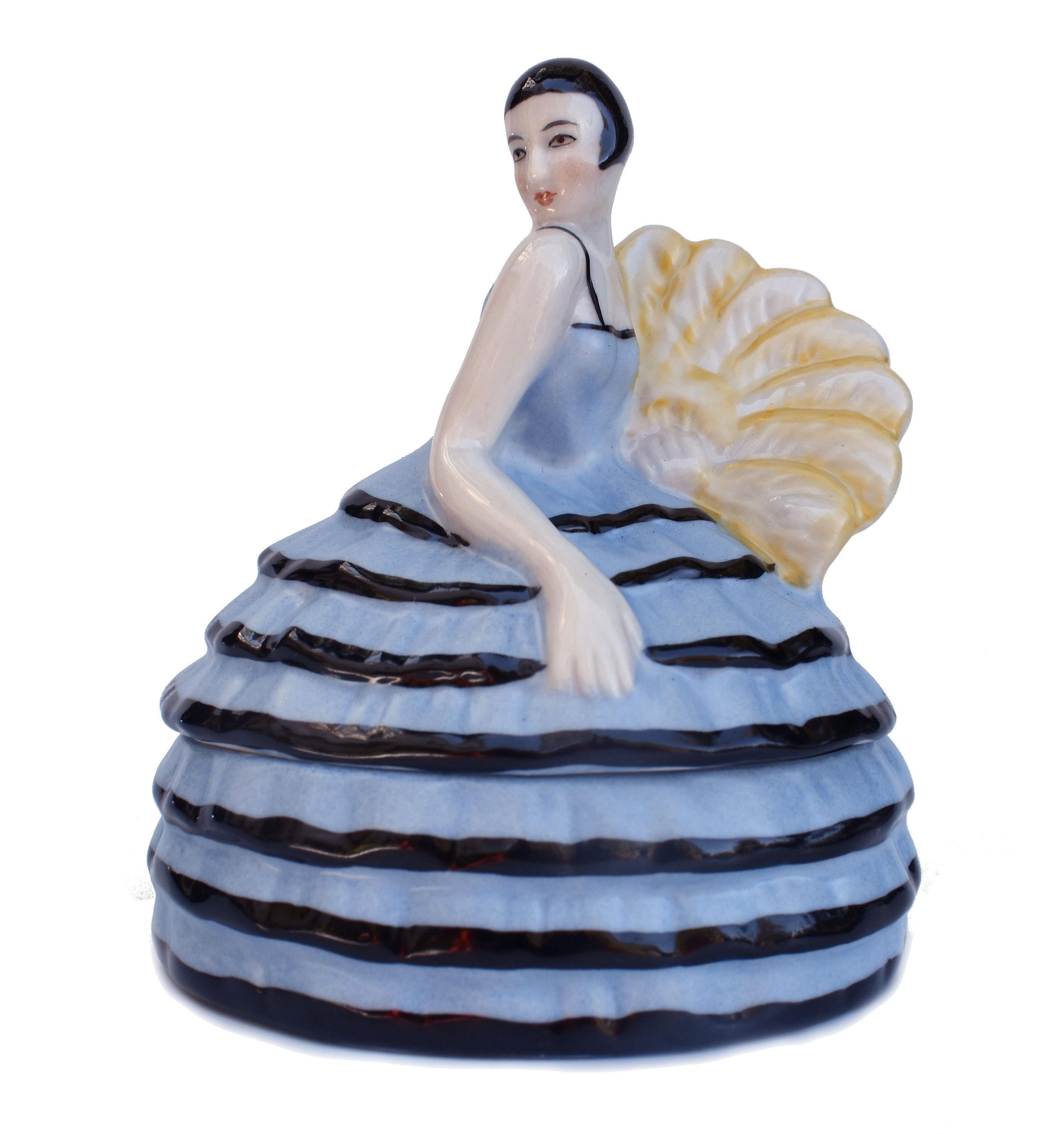 Art Deco Half Doll Ceramic Powder Box Bowl, French, c1930's For Sale 4