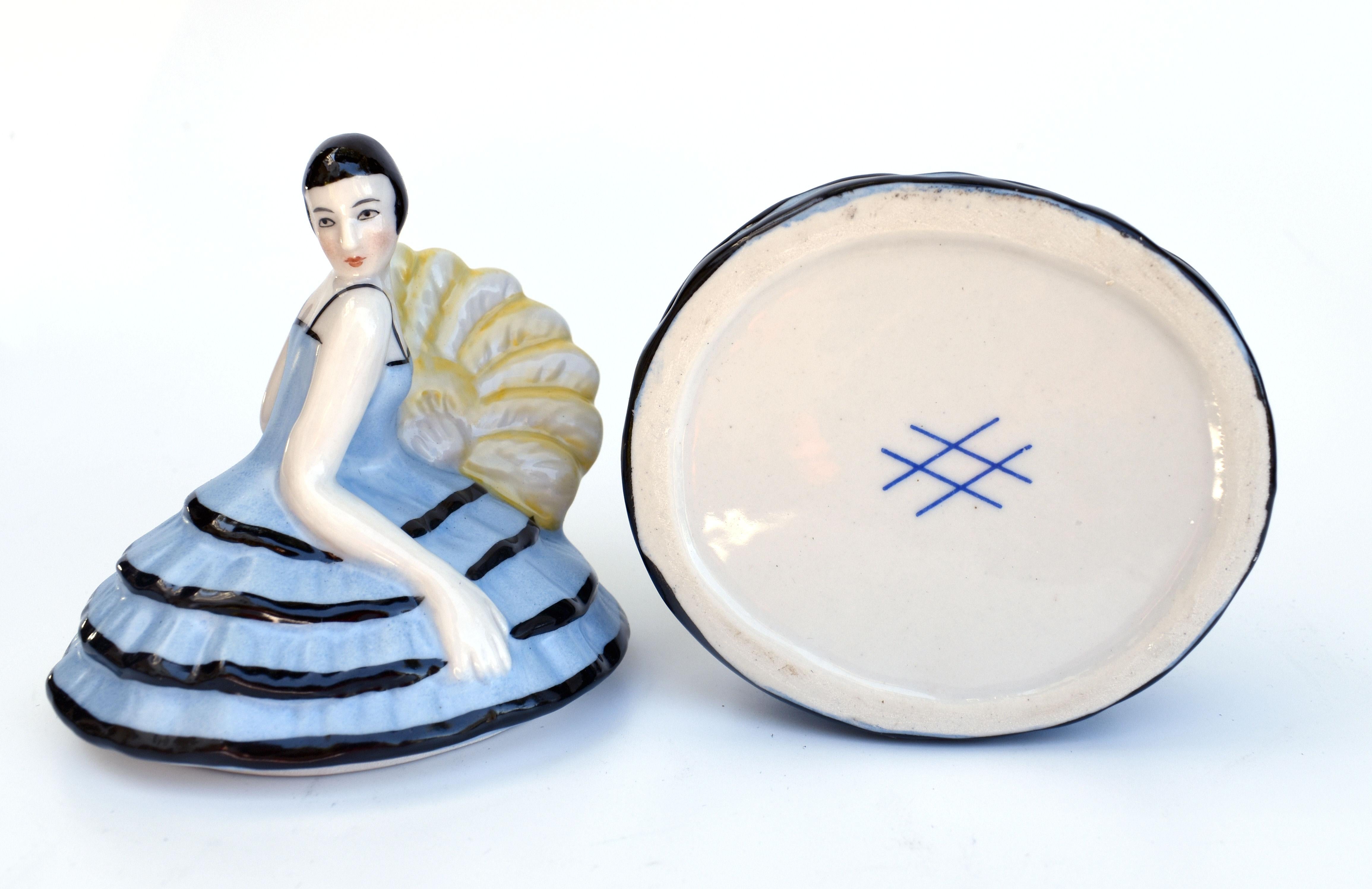 Art Deco Half Doll Ceramic Powder Box Bowl, French, c1930's For Sale 5