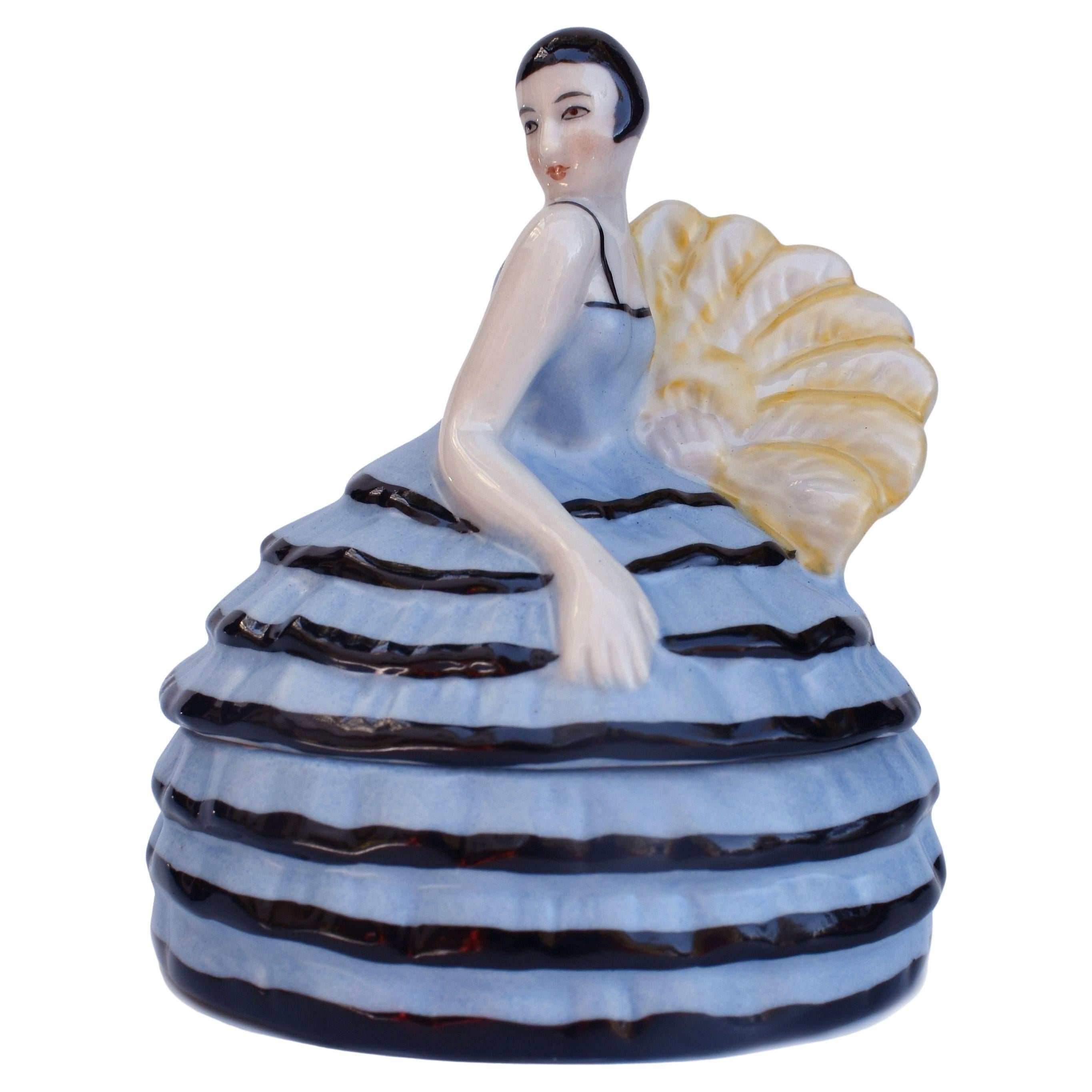 Art Deco Half Doll Ceramic Powder Box Bowl, French, c1930's For Sale