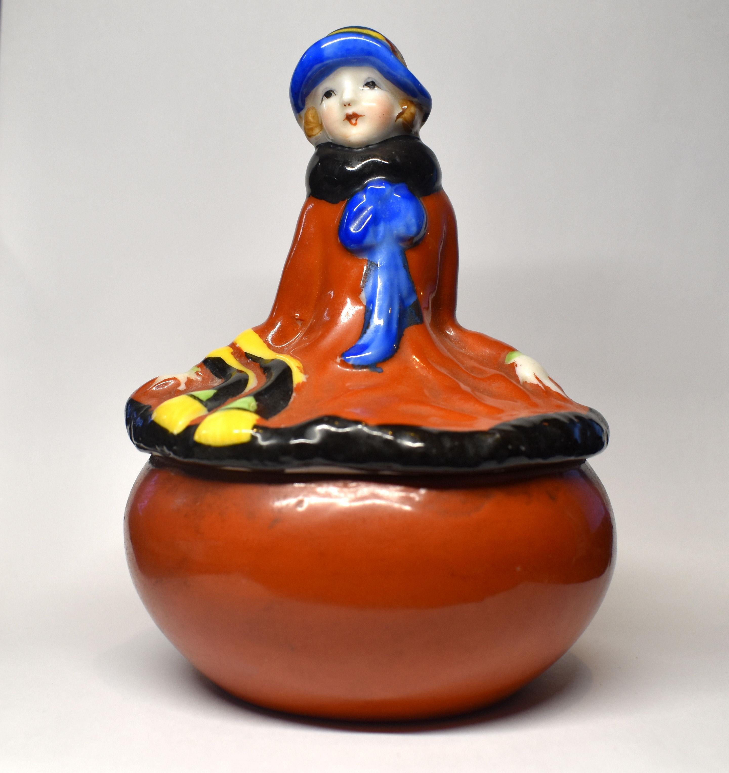 For your consideration is this truly wonderful ladies vanity powder jar/box made from porcelain and marked Japan underneath. Dating to the 1930's this delightful powder jar depicts a flapper girl in the fashion of the day with her cloche hat and fur