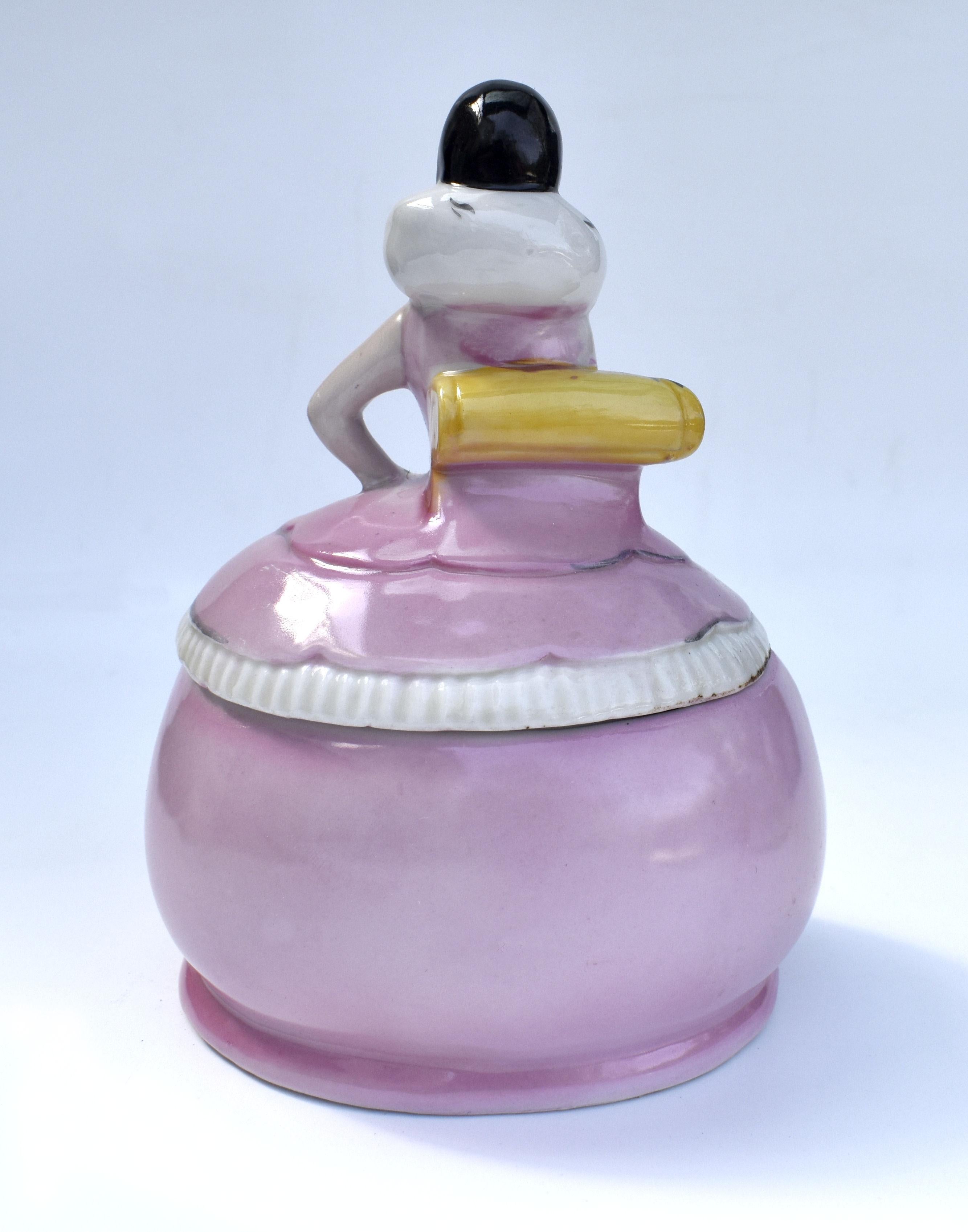 Ceramic Art Deco Half Doll Flapper Girl Powder Jar, circa 1930 For Sale