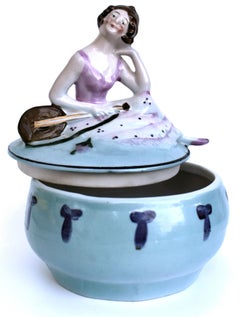 Art Deco Half Doll Flapper Girl Powder Jar, German, c1930