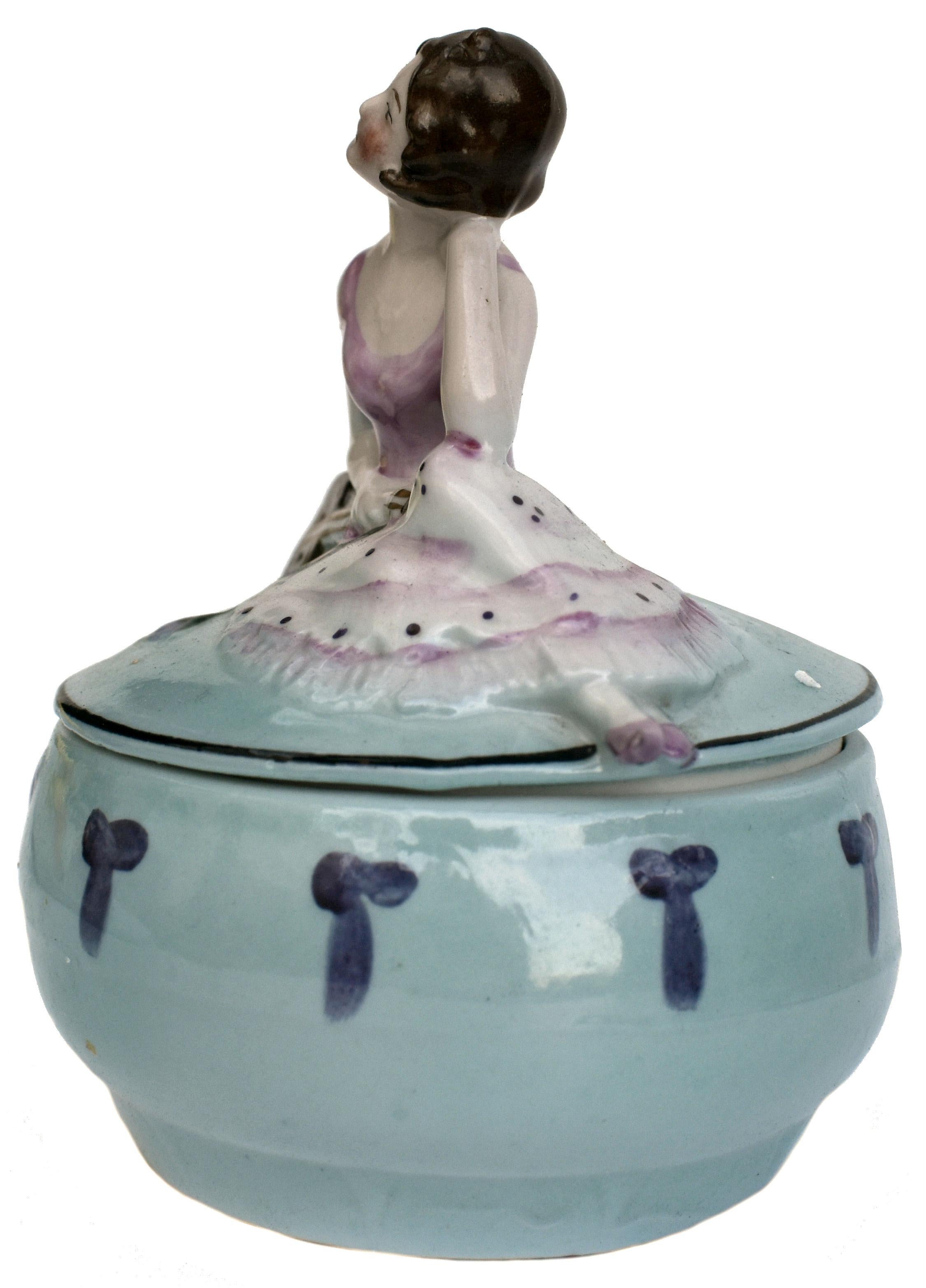 Porcelain Art Deco Half Doll Flapper Girl Powder Jar, German, c1930 For Sale